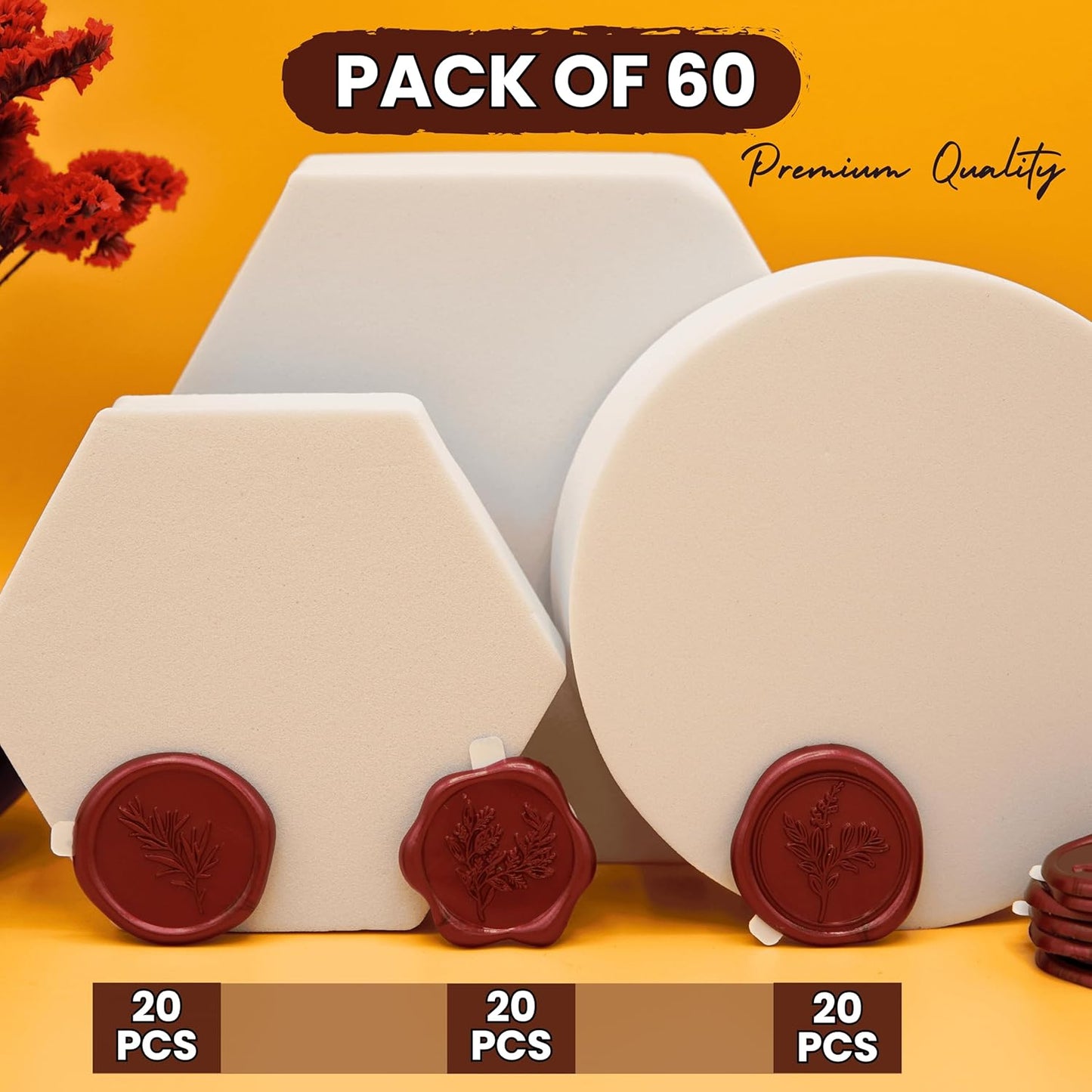 Wax Seal Stickers (60 Pcs, 3 Designs in 1 Pack) Premium Envelope Seal Stickers for Wedding Invitation Envelopes, Adhesive Wax Seals, Perfect for Seating Chart, Gift Wrapping