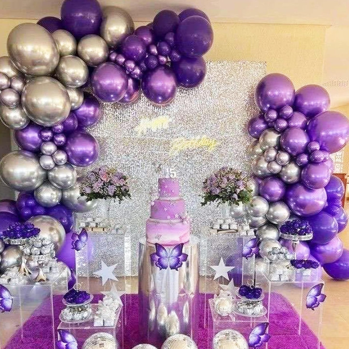 Purple and Silver Balloons, 12 Inch Purple Ballons,Silver Confetti Balloon Pastel Purple Metallic Balloon,for Wedding Birthday Baby Shower Graduation Party Decorations Supplies