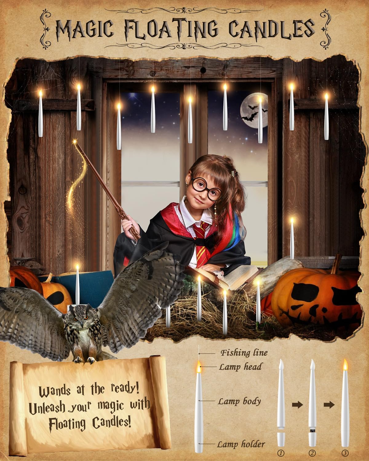 Floating Candles with Wand - 18 Pack Halloween Decorations Magic Flameless Candles Flickering Light Hanging Candle Remote with Glasses, Tie, Scarf, Battery Operated Candles for Christmas Party Decor