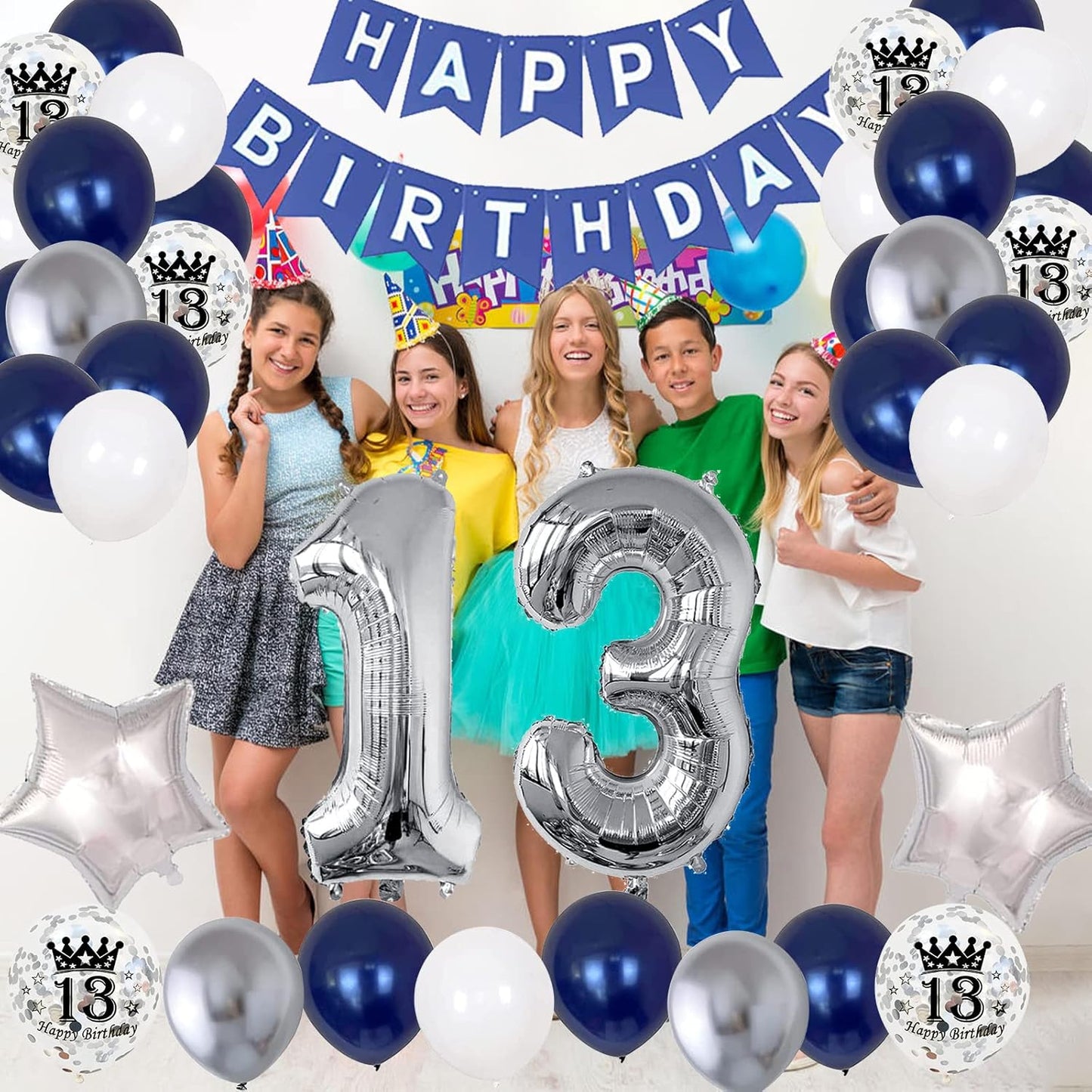 13th Birthday Decorations for Boys Girls, 13th Birthday Party Supplies with HAPPY BIRTHDAY Banner and Number 13 Balloons, Silver Navy Blue Theme Party for Teenager Kid 13 Years Old Birthday Decoration