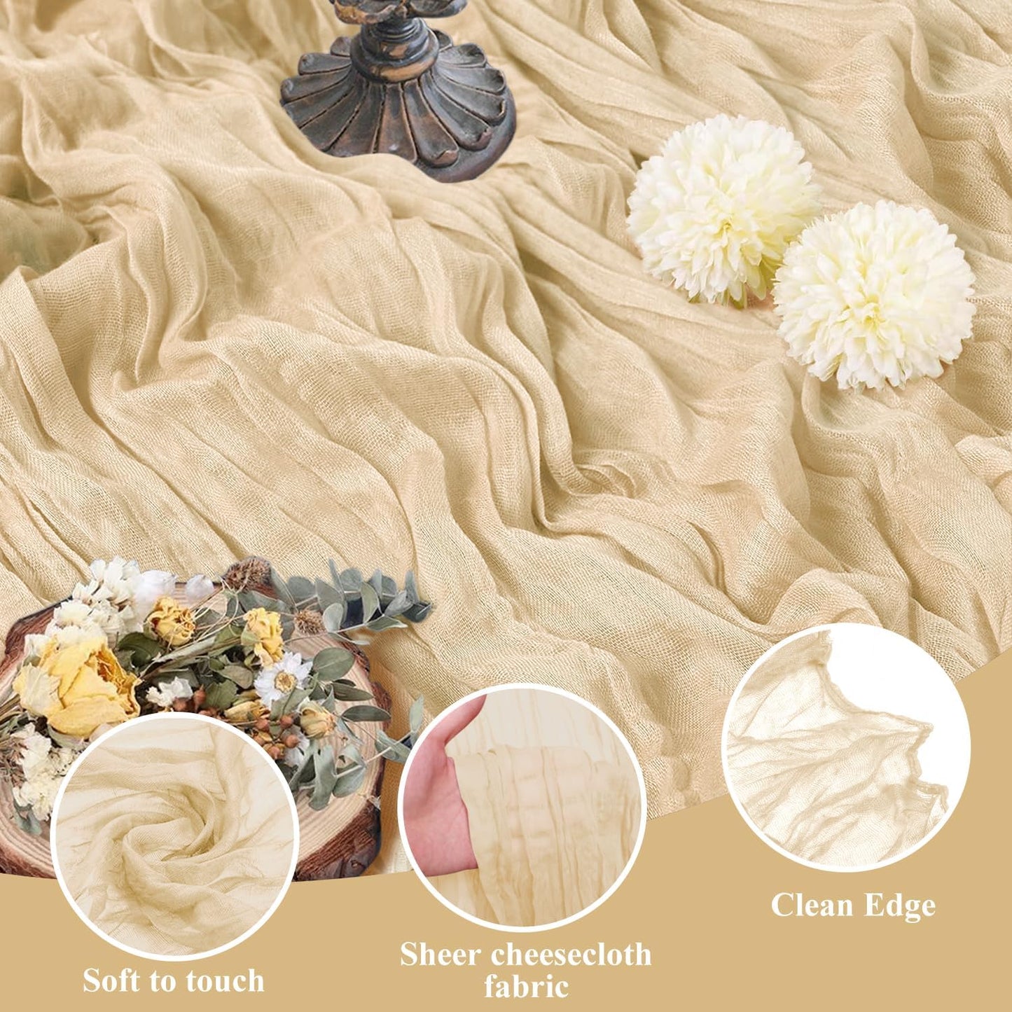 Asee'm 12pcs Cheesecloth Table Runner 120 Inches Long Sand Boho Gauze Cheese Cloth Runner 10FT Rustic Sheer Table Runners for Christmas Wedding Party Baby Shower Spring Easter Decoration