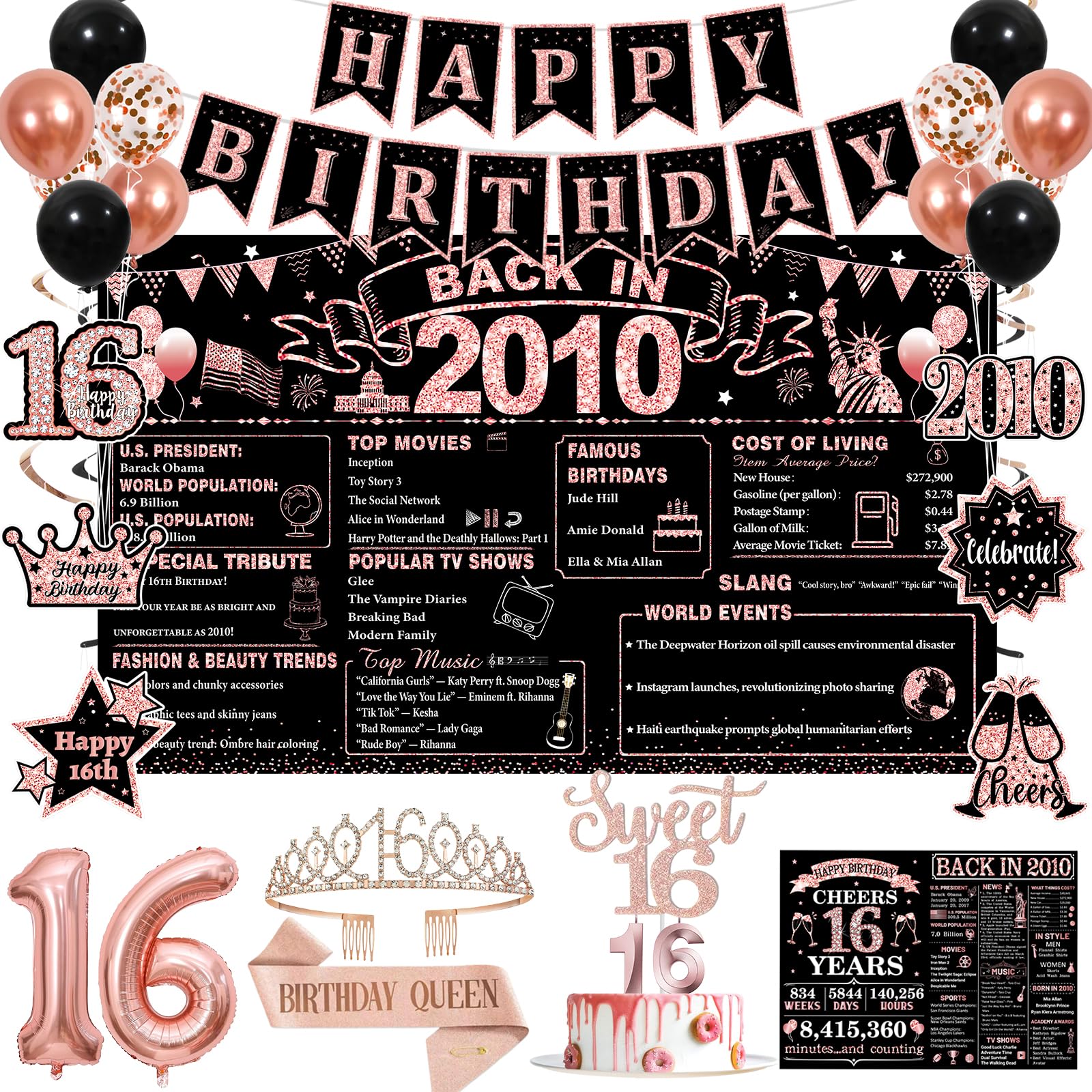 Sweet 16 Party Decorations for Girls, Black Rose Gold 16th Birthday Decorations Set with Back in