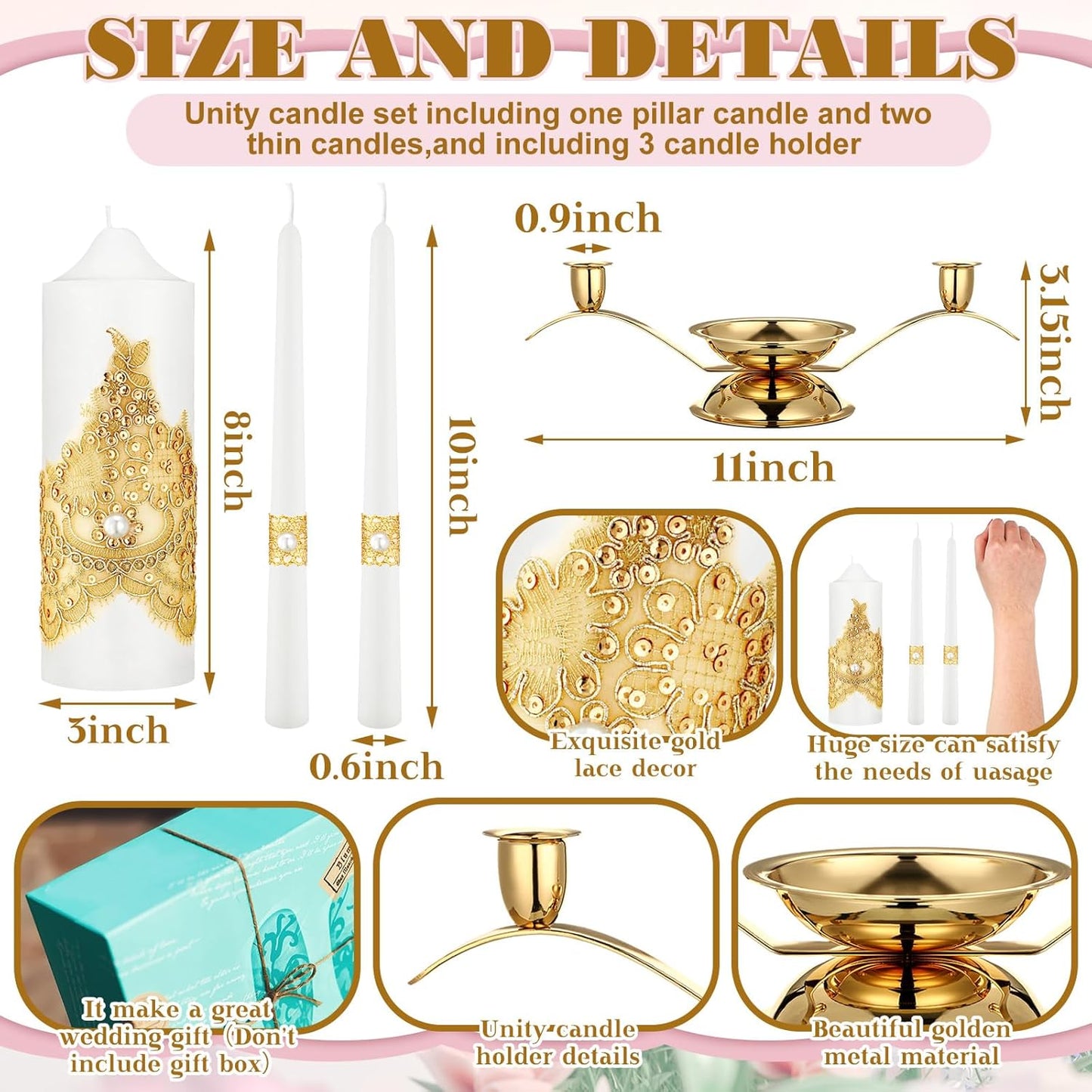 Irenare Unity Candles with Holder for Wedding Ceremony Wedding Decortions Accessories Glass Candle Holder Pillar Candle for Formal Events Church(Gold Wedding)