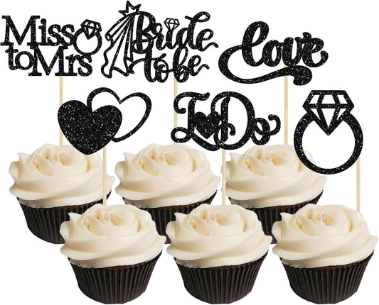Gyufise 24Pcs Bride to Be Cupcake Toppers Black Glitter I Do Love Heart Ring Miss To Mrs Cupcake Picks Bridal Shower Cake Decorations for Wedding Engagement Bachelorette Party Supplies