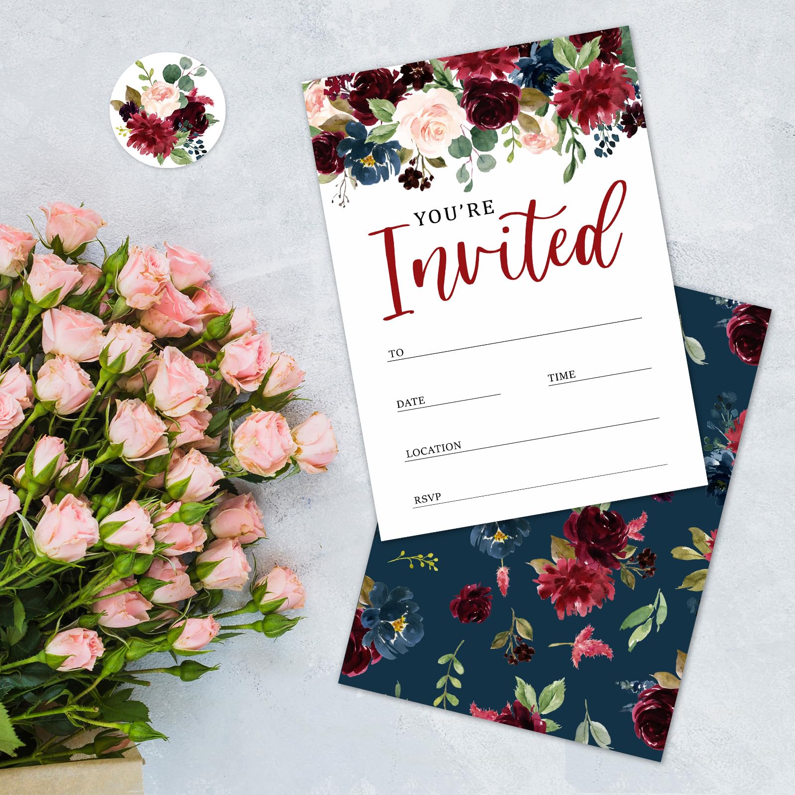 Whaline 25 Sets Flower Invitations with Envelopes Stickers Watercolor Floral Leaves Invitation