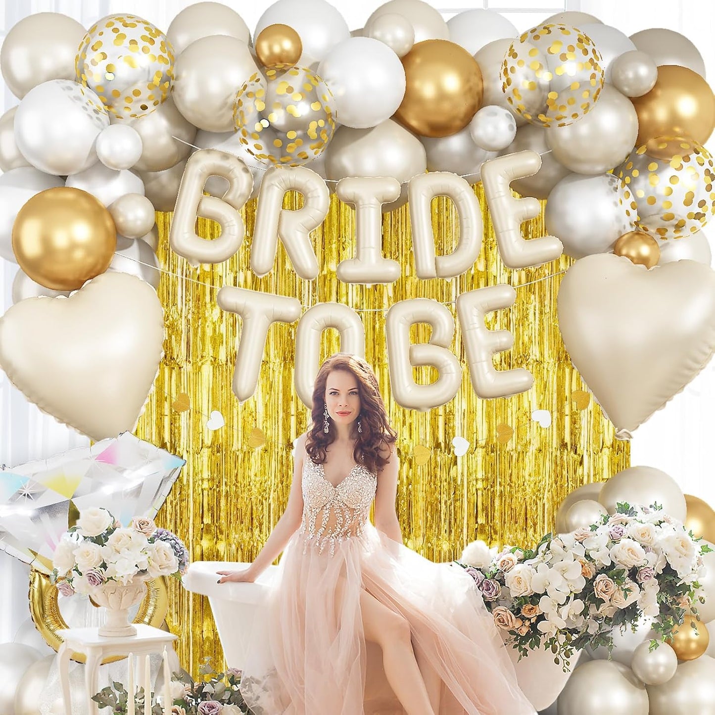 Cream Gold Bachelorette Party Decorations, Bride To Be Mylar Foil Letter Balloons with White Gold Balloons Diamond Ring and Cream Heart Balloon for Bridal Shower Decoration Engagement Hen Party Decor