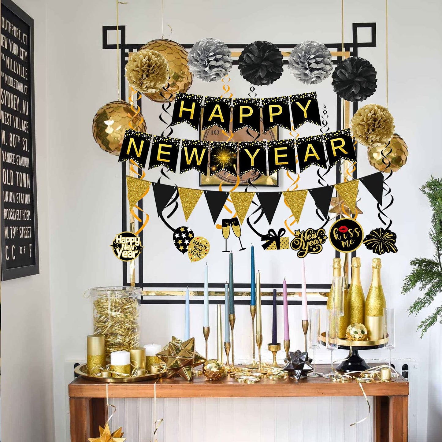 Famoby Happy New Year Banner Pom poms Triangle flag Swirls Garland Hanging Bunting for Happy New