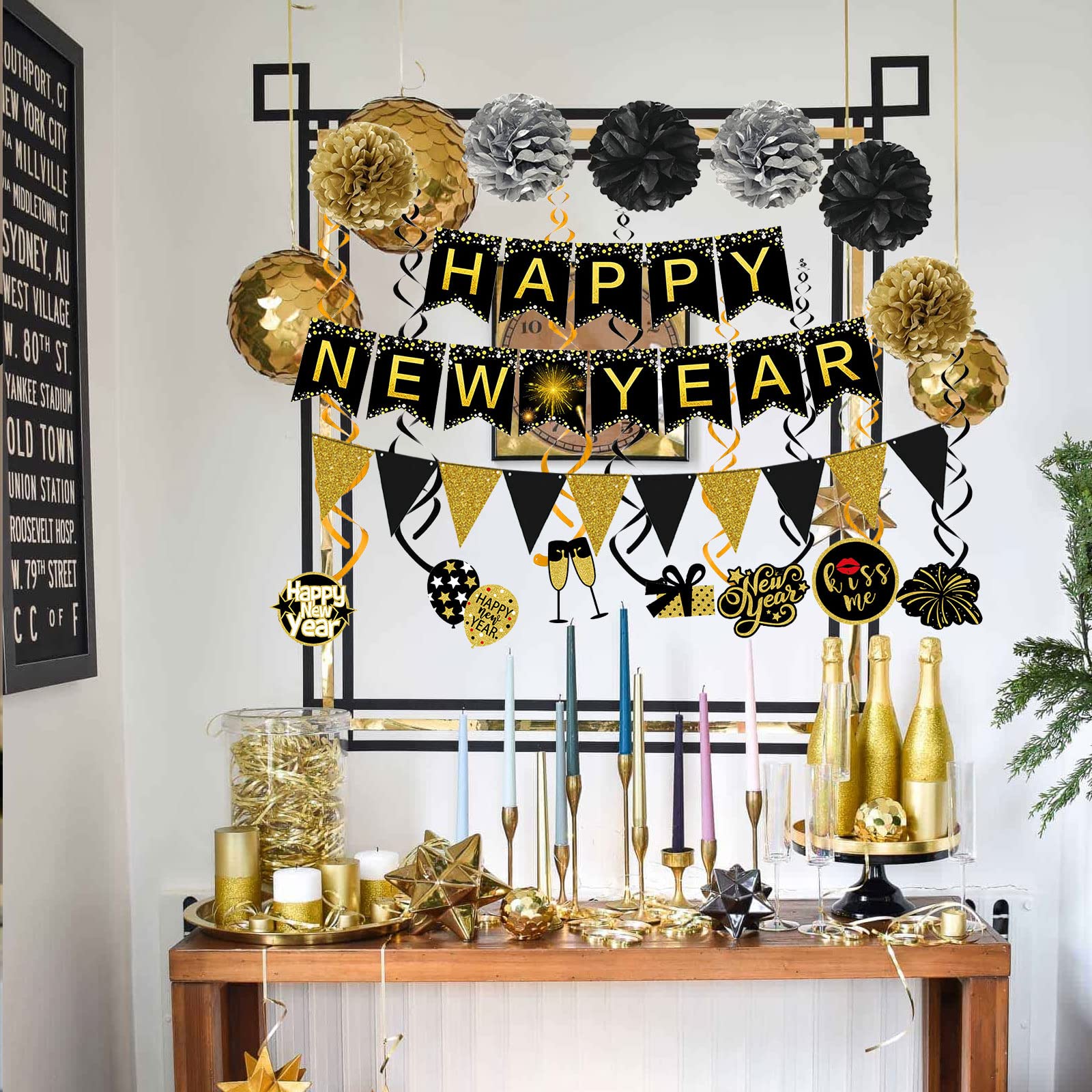 Famoby Happy New Year Banner Pom poms Triangle flag Swirls Garland Hanging Bunting for Happy New