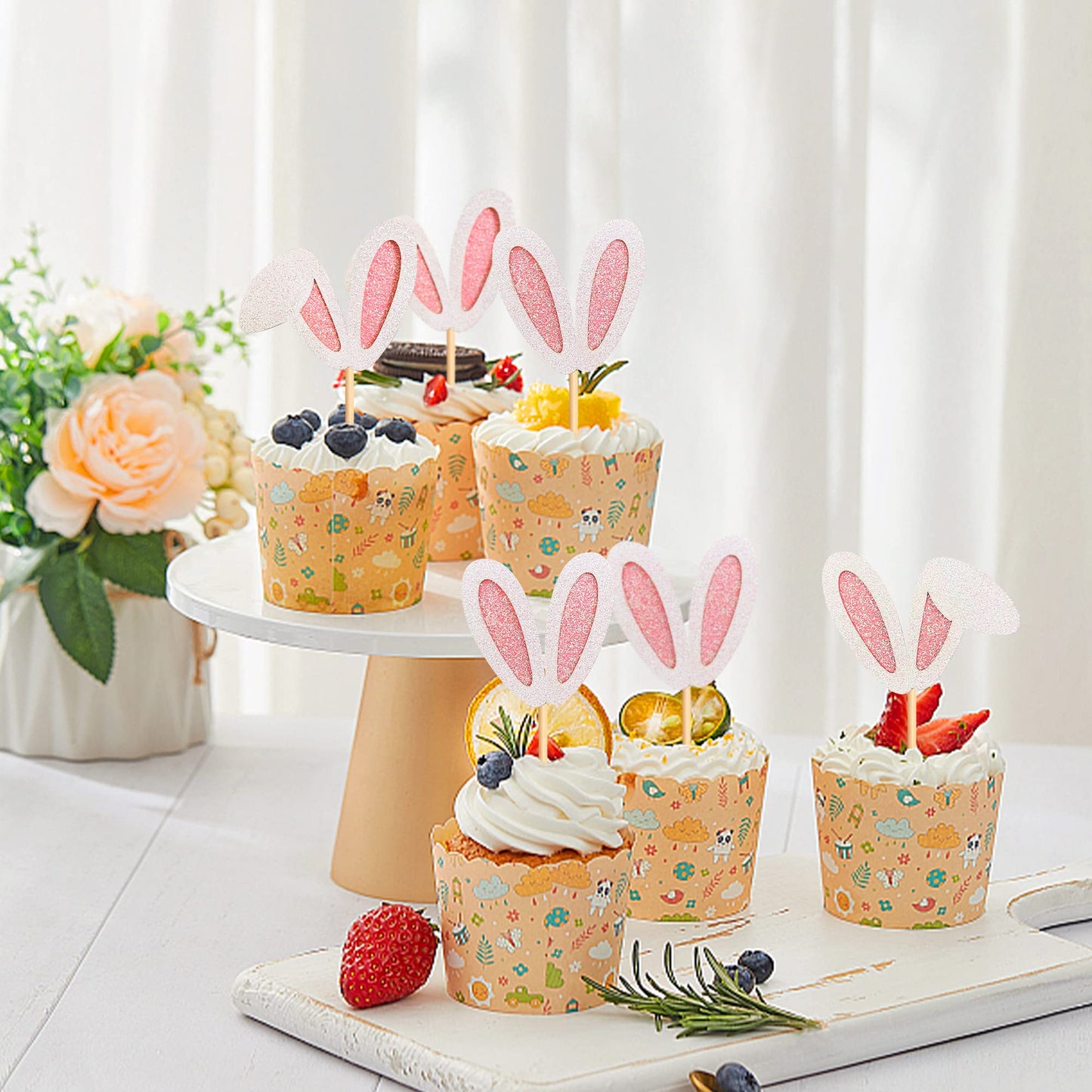 Ercadio 24 Pack Easter Bunny Ear Cupcake Toppers Glitter Pink Rabbit Ears Cupcake Picks Easter