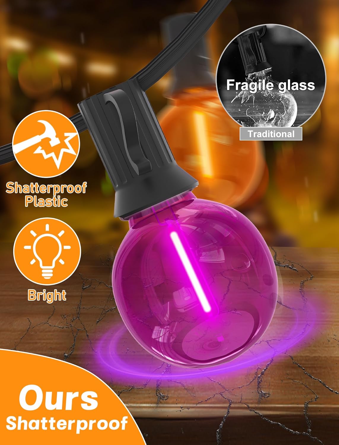 SUNSGNE G40 LED Outdoor Halloween String Lights 25FT Globe String Lights with 27 LED Shatterproof Clear Orange Purple Lights(2 Spare) for Patio Balcony Backyard Pergola Decor