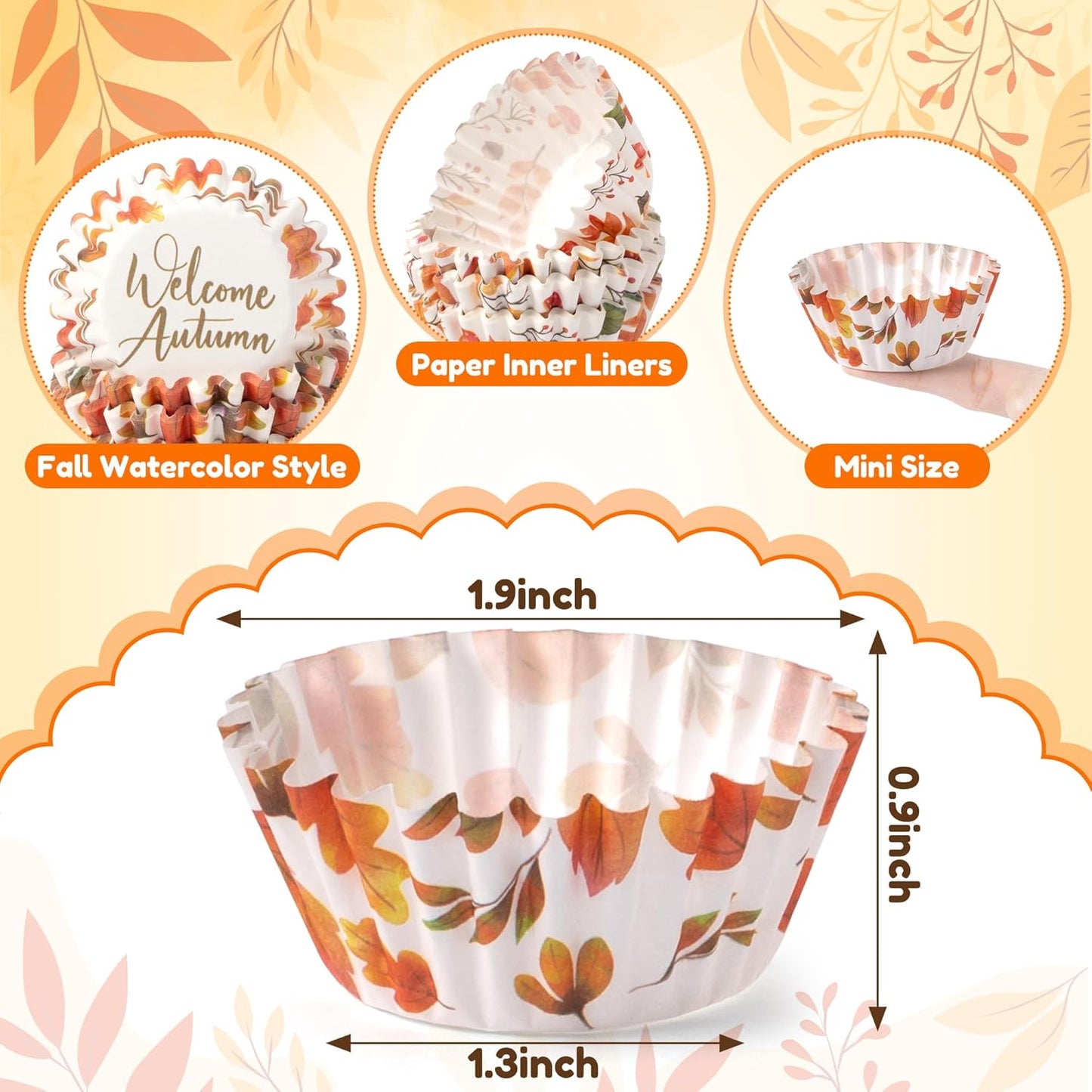 COcnny Fall Mini Cupcake Liners - 600pcs Autumn Watercolor Muffin Paper Cupcakes Baking Cups Wrappers, Pumpkin Maple Leaf Case Cake Wrap Making Supplies for Fall Thanksgiving Party (10 Styles)