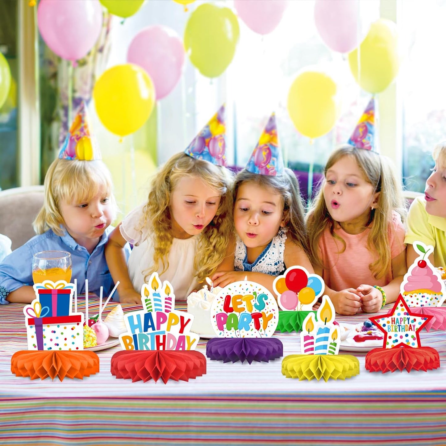 Happy Birthday Decorations Set - Colorful Themed Honeycomb Centerpiece, Table Decoration for Kids' Birthday Party Supplies