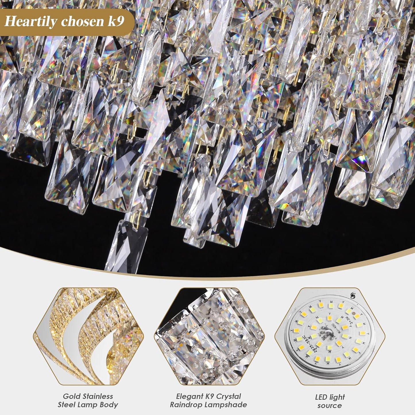 40 inch Crystal Silver Ceiling-Light Flush Mount with Remote Control and APP, 3CCT Dimmable & Brightness Adjustable, Modern Crystal Raindrop Chandeliers for Bedroom Hallway Dinning Room Living Room