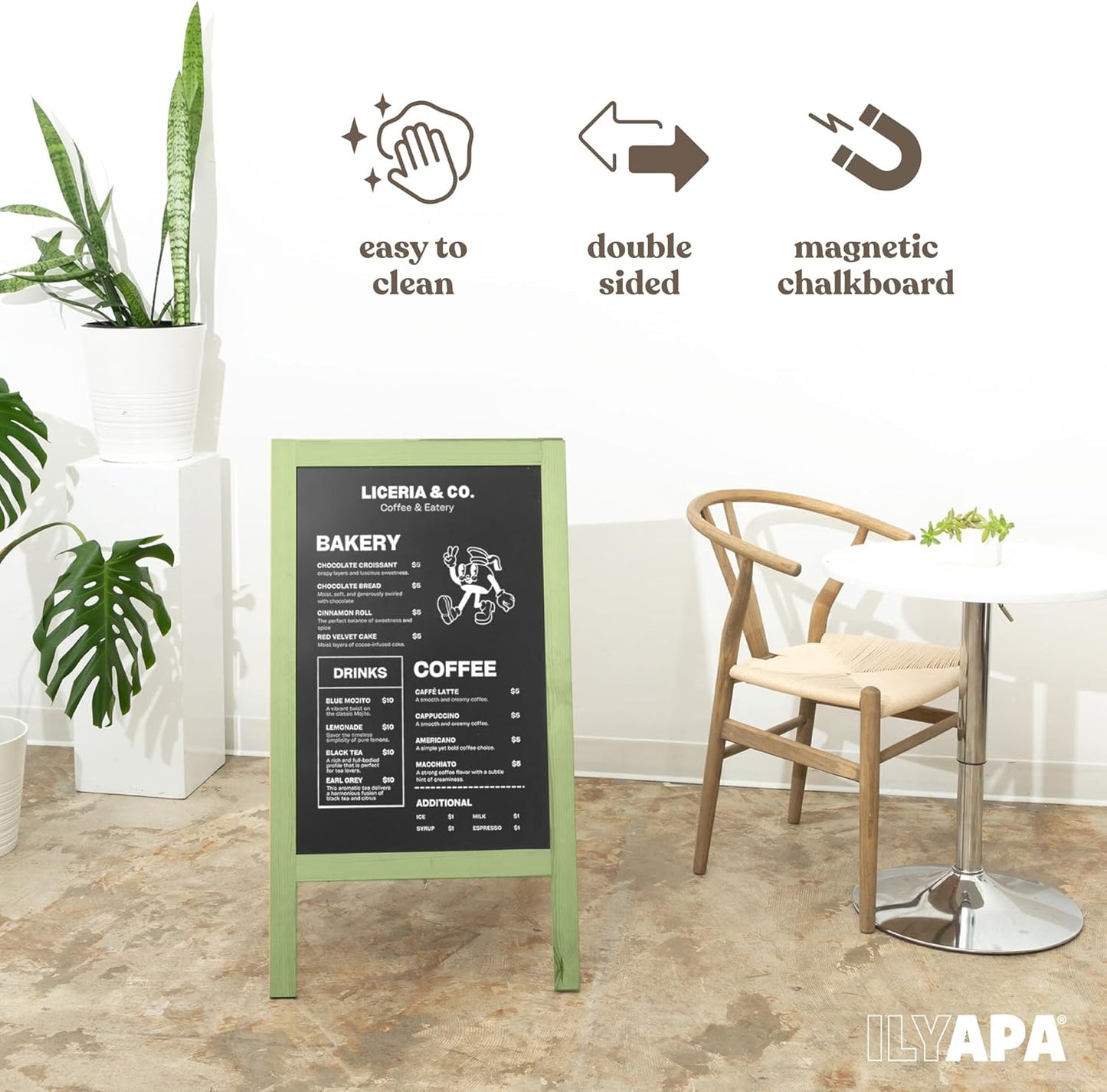 Ilyapa Wooden A-Frame Sign with Eraser & Chalk - 40 x 20 Inches Magnetic Sidewalk Chalkboard – Menu Display for Restaurant, Business or Wedding