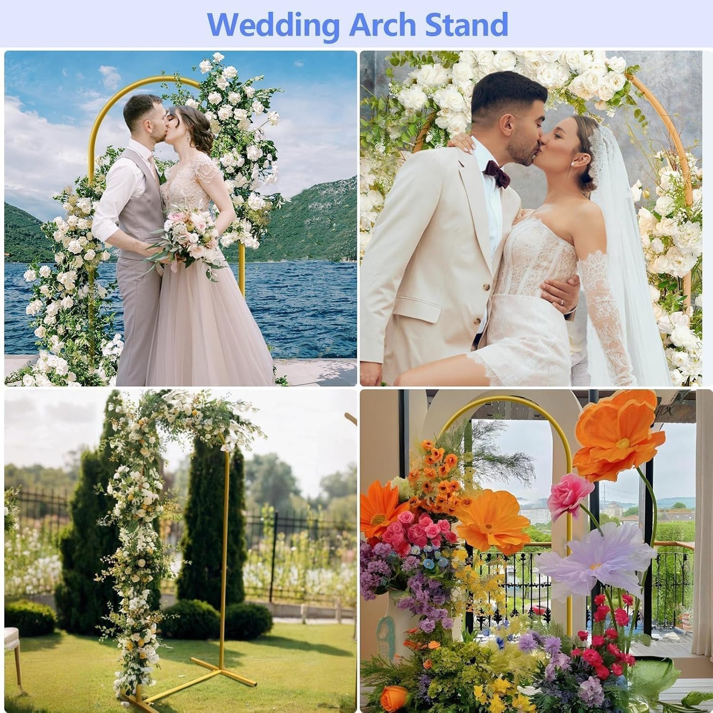 7.2 ft Arch Backdrop Stand, Metal Balloon Arch Stand, Stable Wedding Arched Frame with Square Base Ground Nails, Background Arches for Birthday Party Baby Shower Garland Decoration, Gold