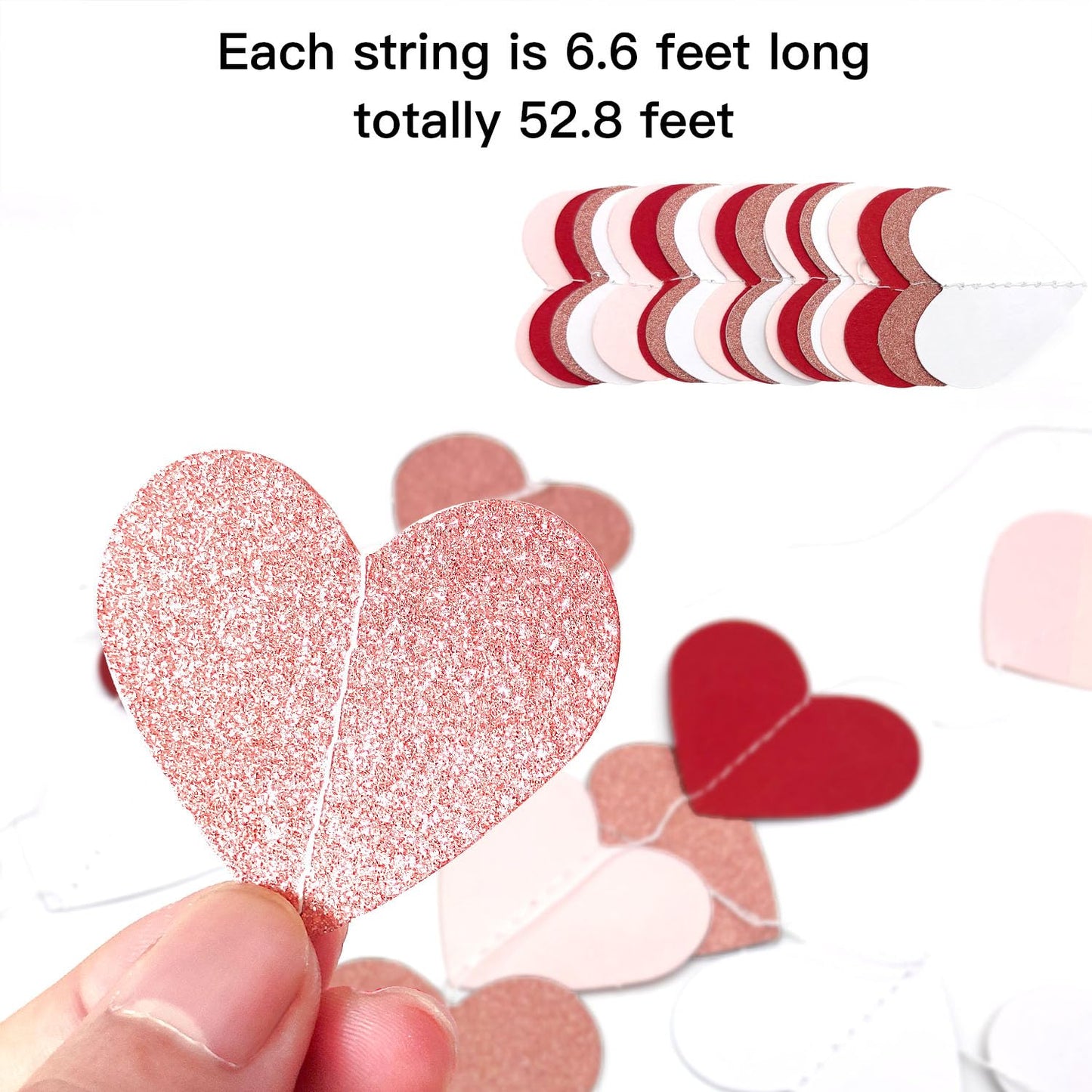 XIANMU 8 Strands Heart Garland Valentines Day Heart Paper Streamers Banner Rose-Gold Pink