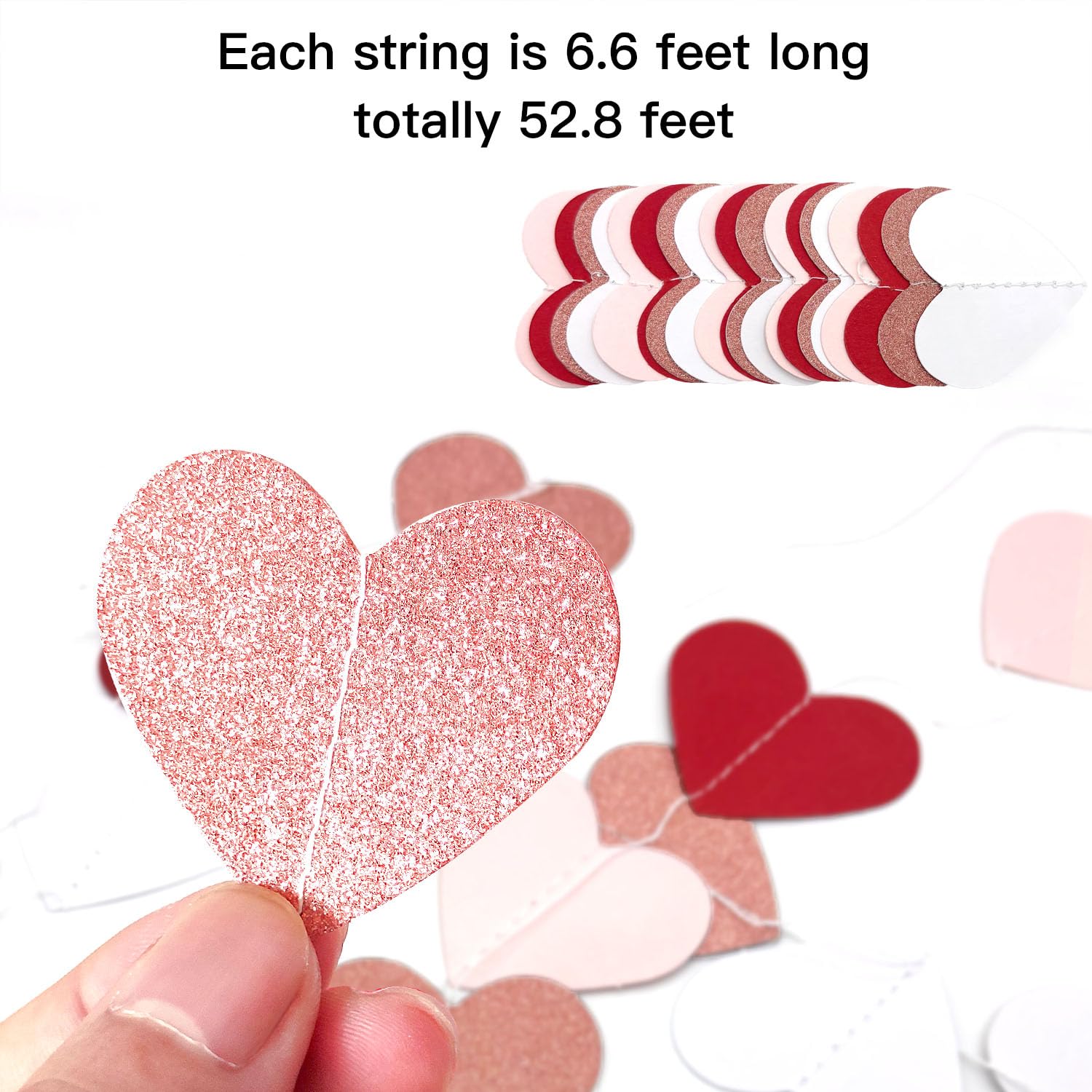 XIANMU 8 Strands Heart Garland Valentines Day Heart Paper Streamers Banner Rose-Gold Pink