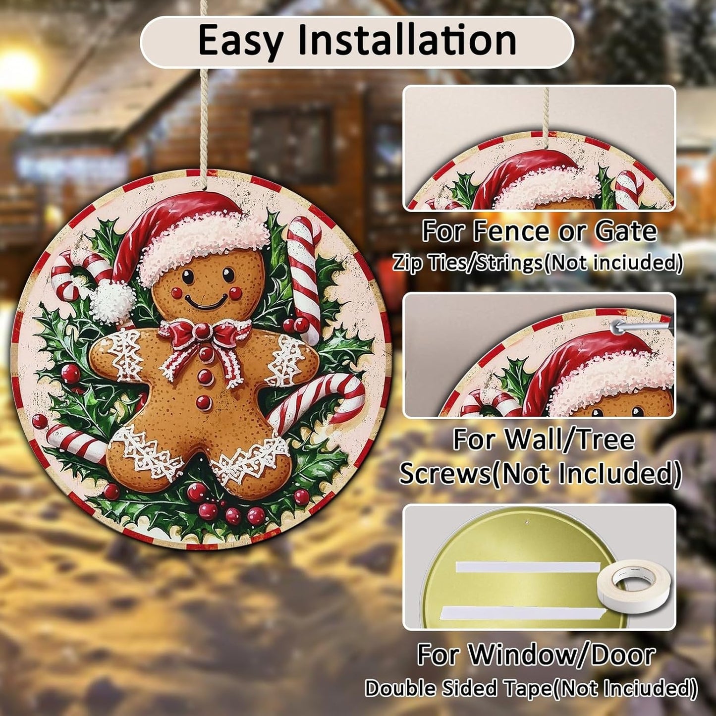 Round Christmas Metal Tin Sign Rustic Wall Decor Gingerbread Man Vintage Tin Sign Candy Canes Christmas Tin Sign for Home Garden Kitchen Bar Cafe Restaurant Garage Wall Decor 12 * 12 in