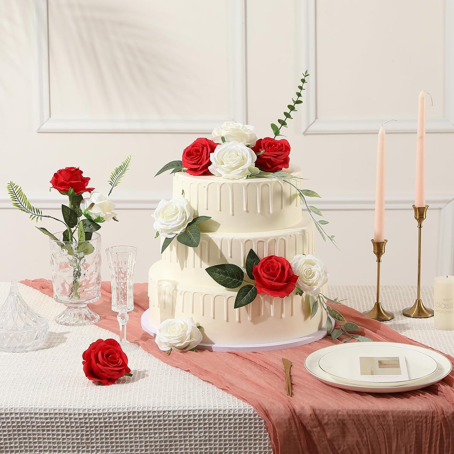 Tifuly 12 Pcs Red Roses Artificial Flowers,Realistic Long Stem Fake Silk Roses Bouquet for Party Home Wedding Centerpiece Office Decor