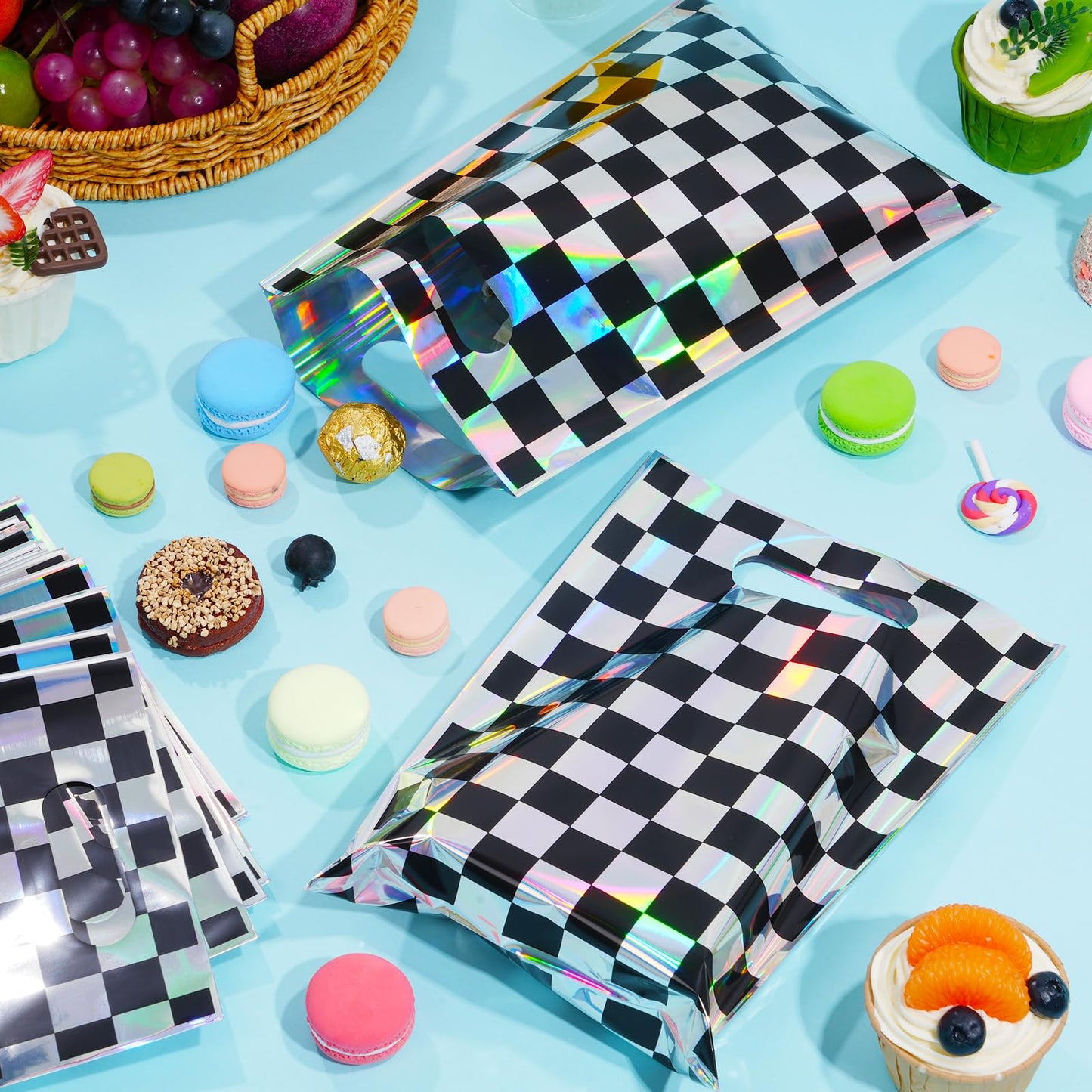 FunnyPars 50 Pcs Iridescent Checkered Race Car Party Favor Bags