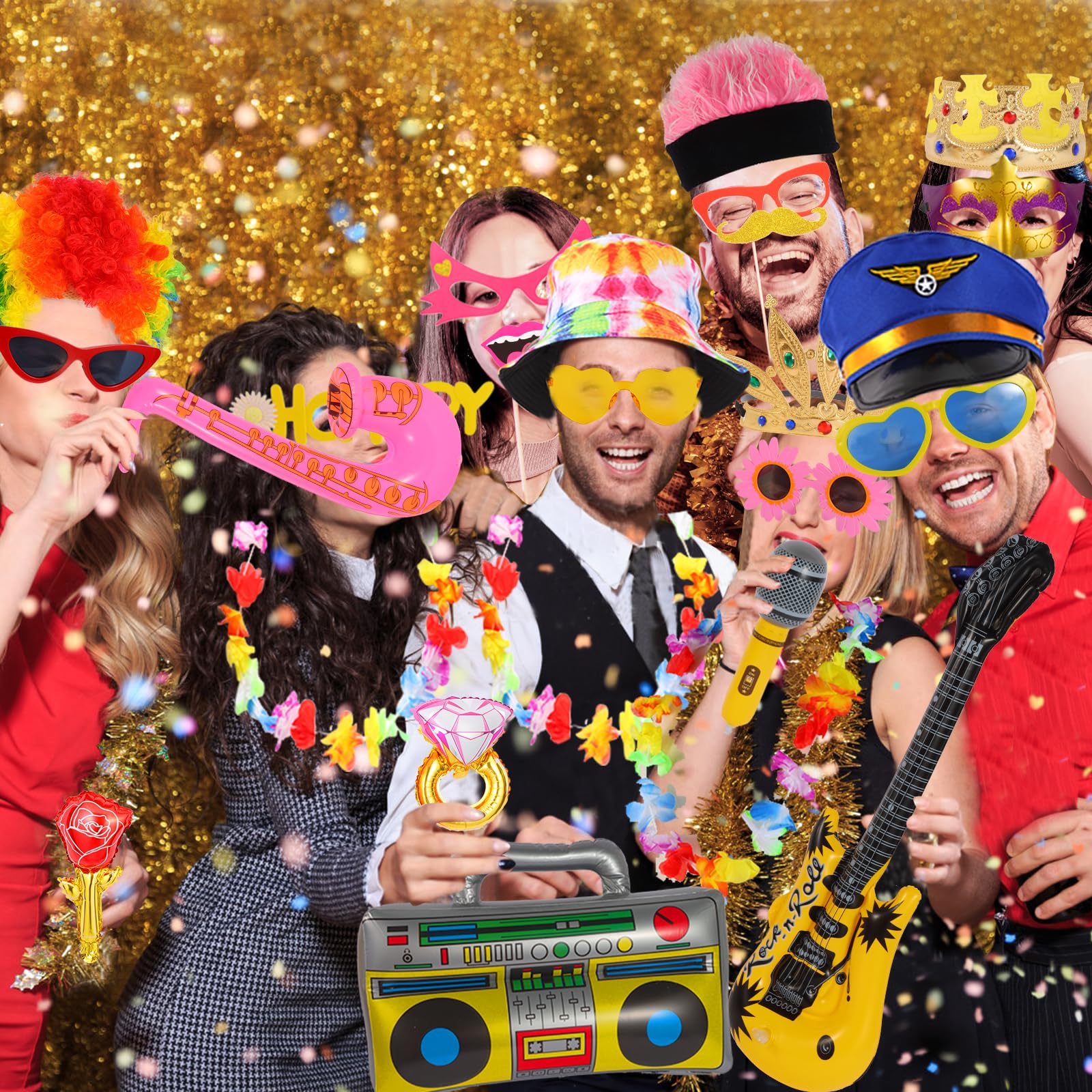 Bulk Opulent Photo Booth Props Set for Adult, Novelty Funny Hats and Glasses, Colorful Wig