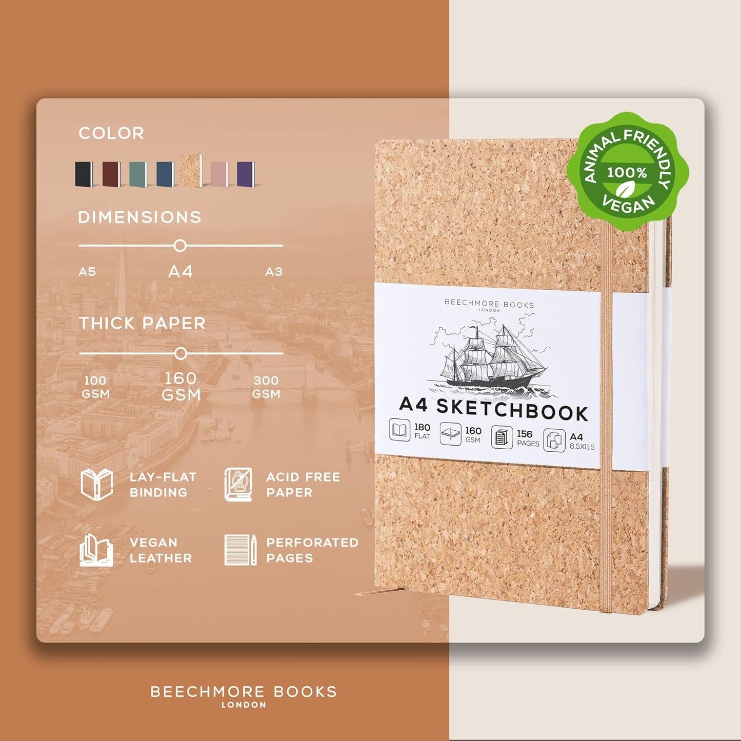 Beechmore Books A4 Sketchbook ??8.5x11 Premium Vegan Leather Bound Large Sketch Book Hardcover with 156 Thick 160gsm Perforated Ivory Pages, Blank Sketch Pad, Gift Boxed, Back Pocket, Ribbon Bookmark