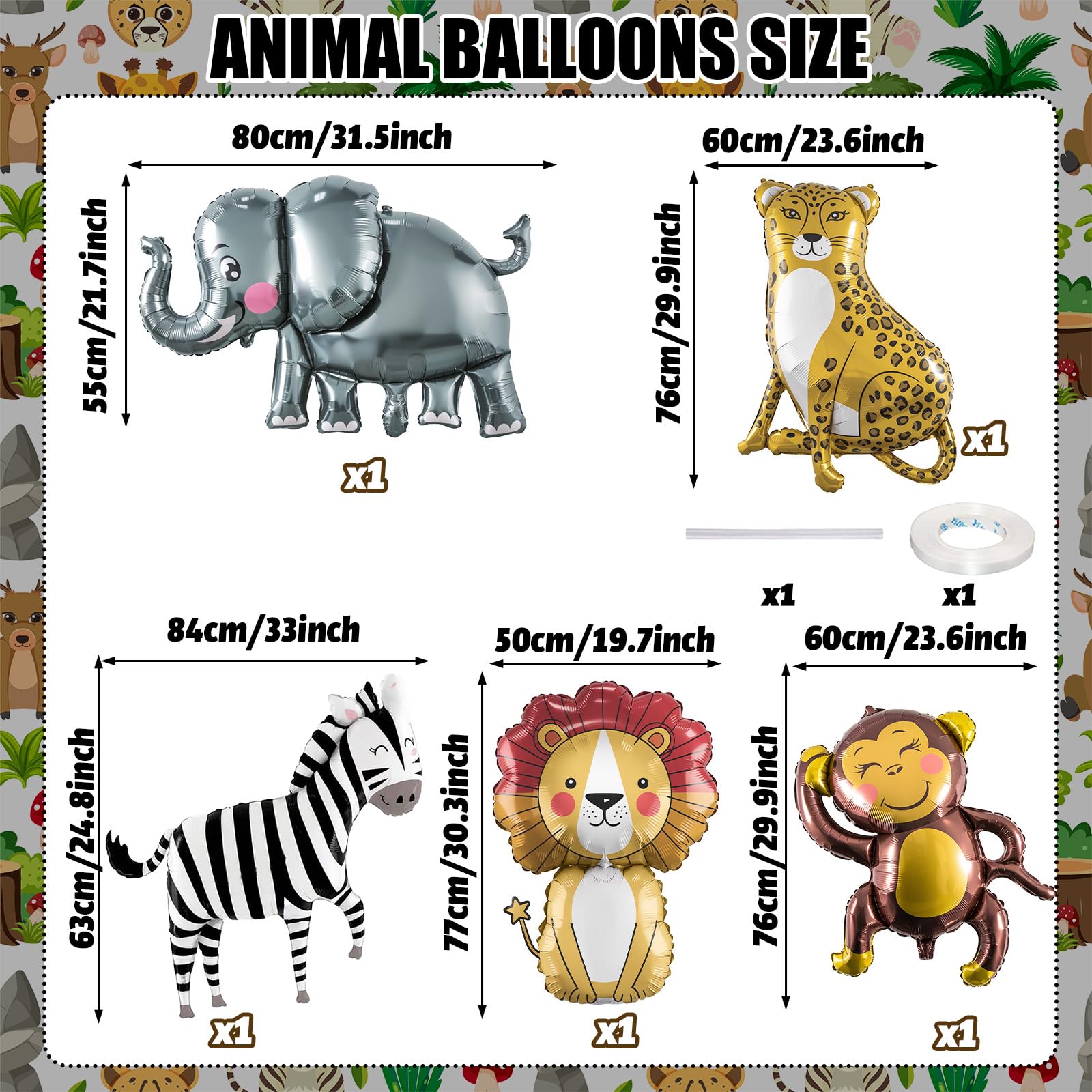 Large Animals Foil Balloons for Jungle Safari Birthday Party Decorations