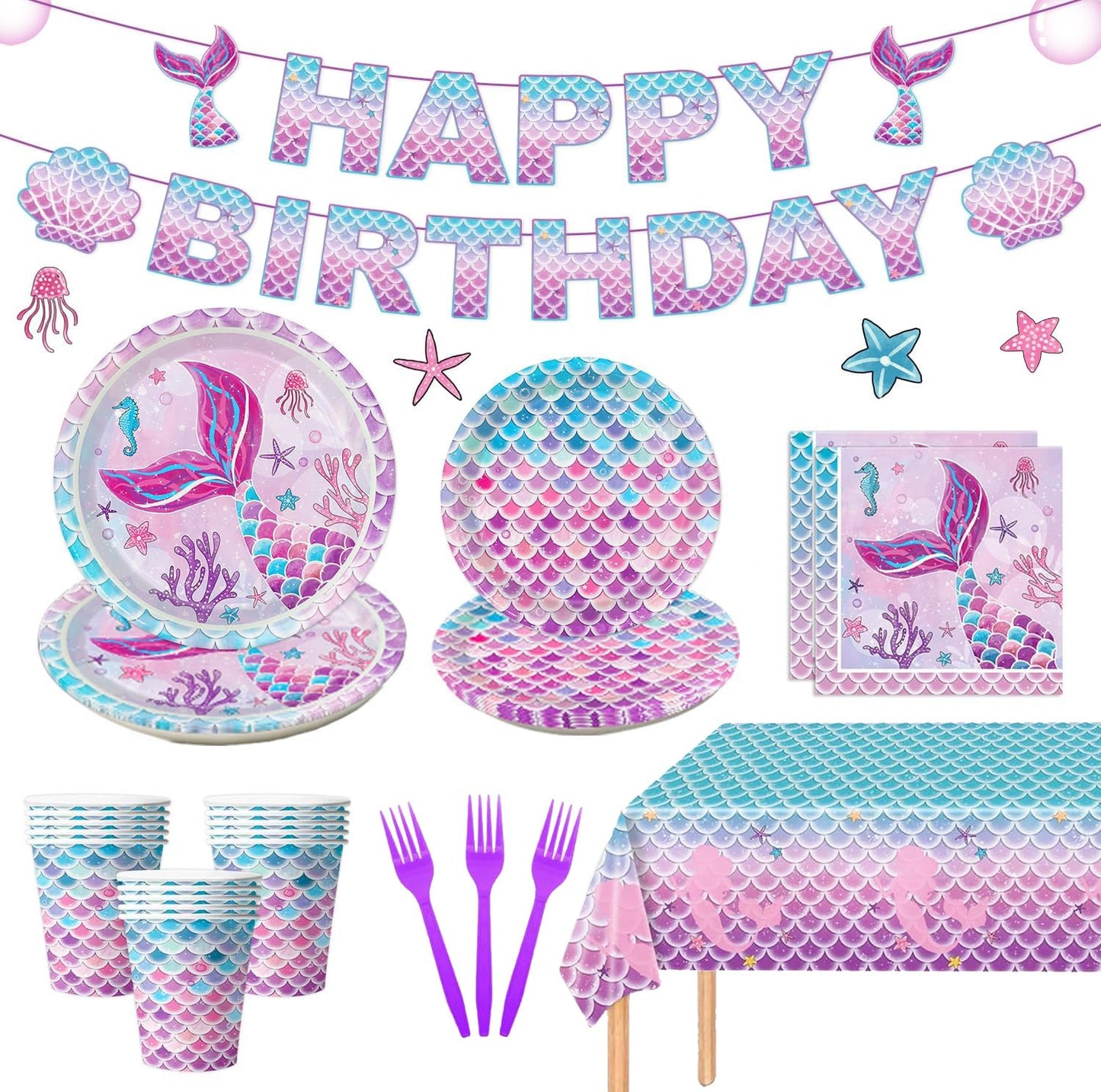 122Pcs Mermaid Birthday Party Decorations Set Mermaid Party Supplies Includes Plates, Napkin, Fork