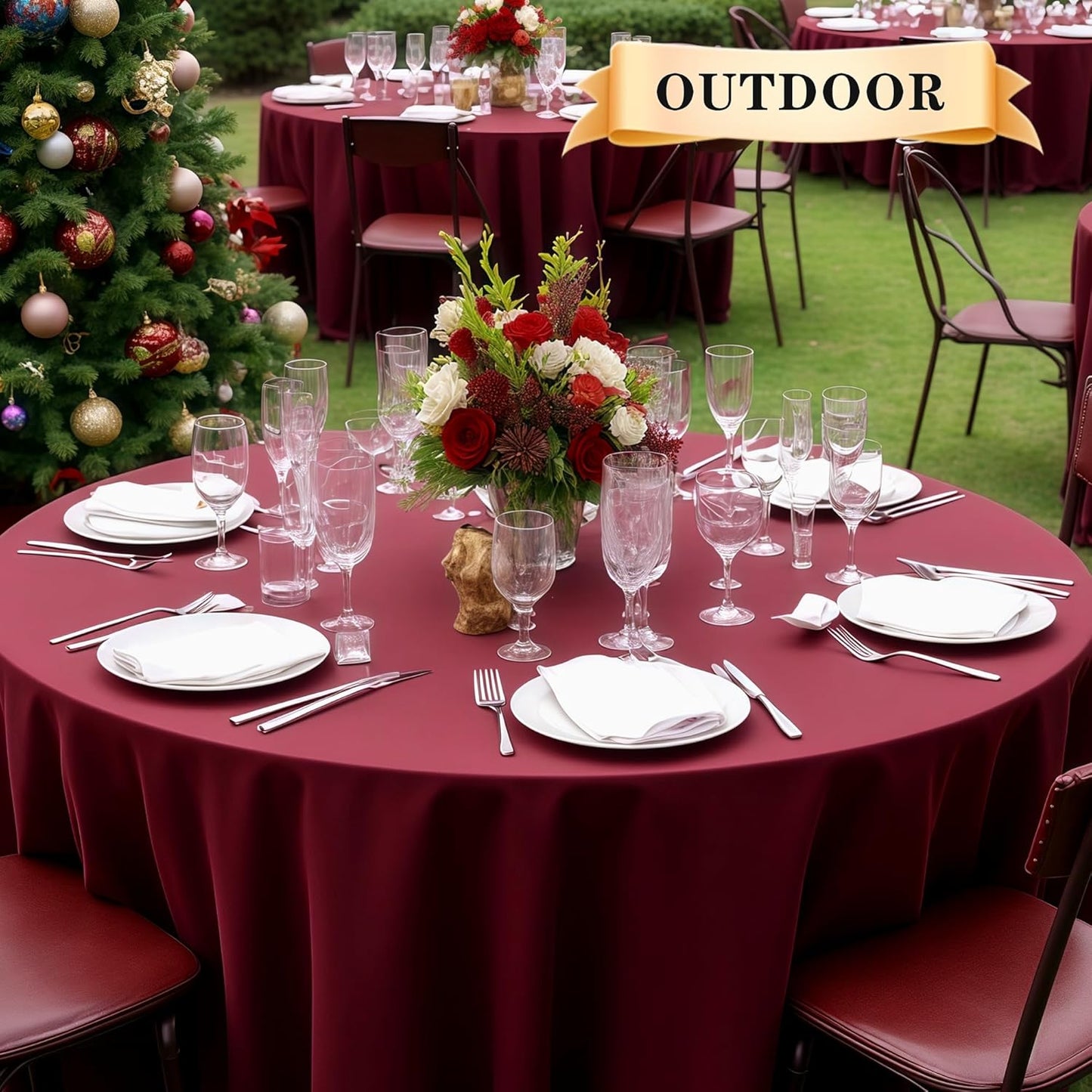 sancua Round Tablecloth - 120 Inch - Water Resistant Spill Proof Washable Polyester Table Cloth Decorative Fabric Table Cover for Dining Tables, Buffet Parties and Camping, Burgundy