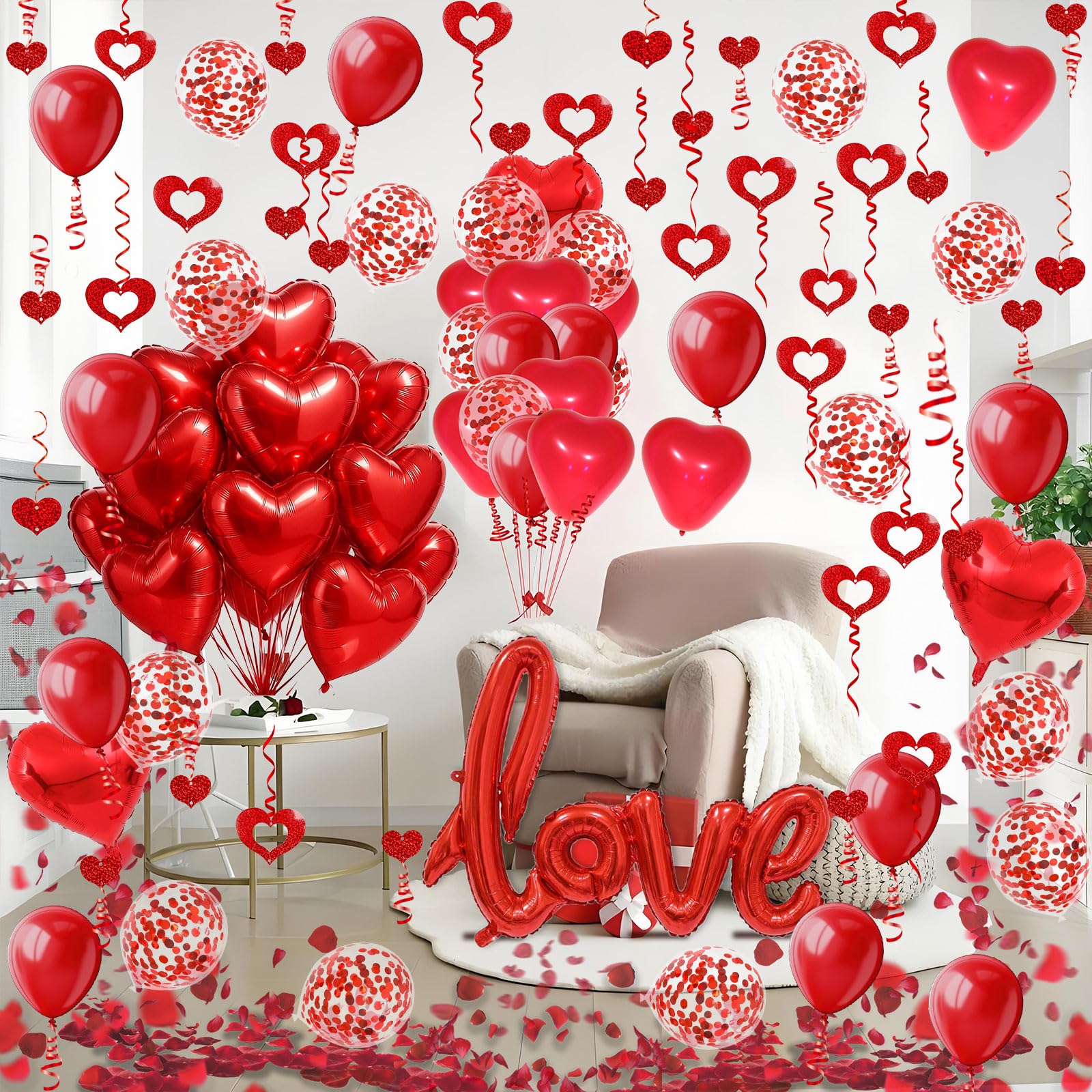 Fecedy Love and Heart-Shaped Aluminum Foil Balloon,Heart-Shaped and Round Latex balloons,Confetti