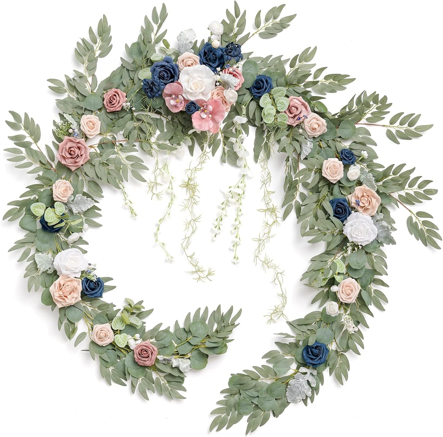 Ling's Moment 9FT Eucalyptus and Willow Leaf Garland with White Flower, Handcrafted Wedding Sweetheart Table Centerpieces Head Table Decor Arch Backdrop Decorations for Wedding | Dusty Rose & Navy