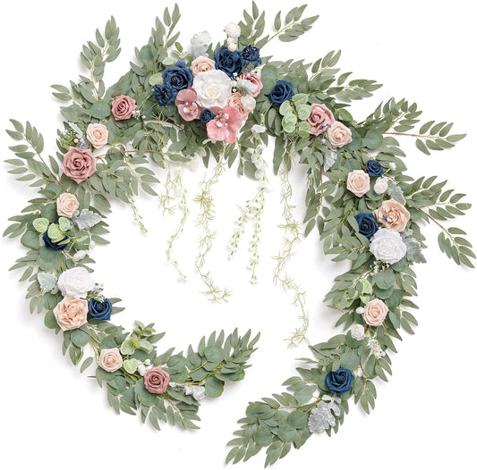 Ling's Moment 9FT Eucalyptus and Willow Leaf Garland with White Flower, Handcrafted Wedding Sweetheart Table Centerpieces Head Table Decor Arch Backdrop Decorations for Wedding | Dusty Rose & Navy
