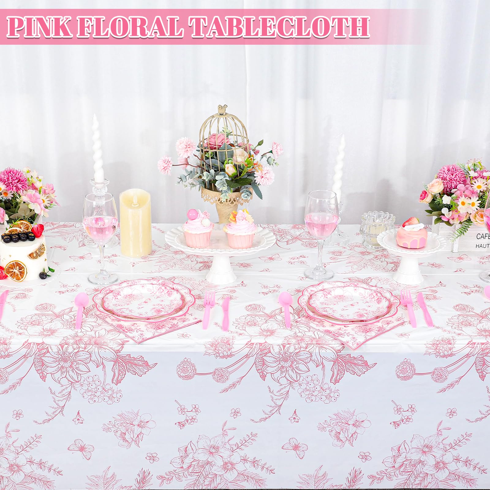 3 Pcs Pink Floral Plastic Tablecloths, Disposable Wedding Table Cloth