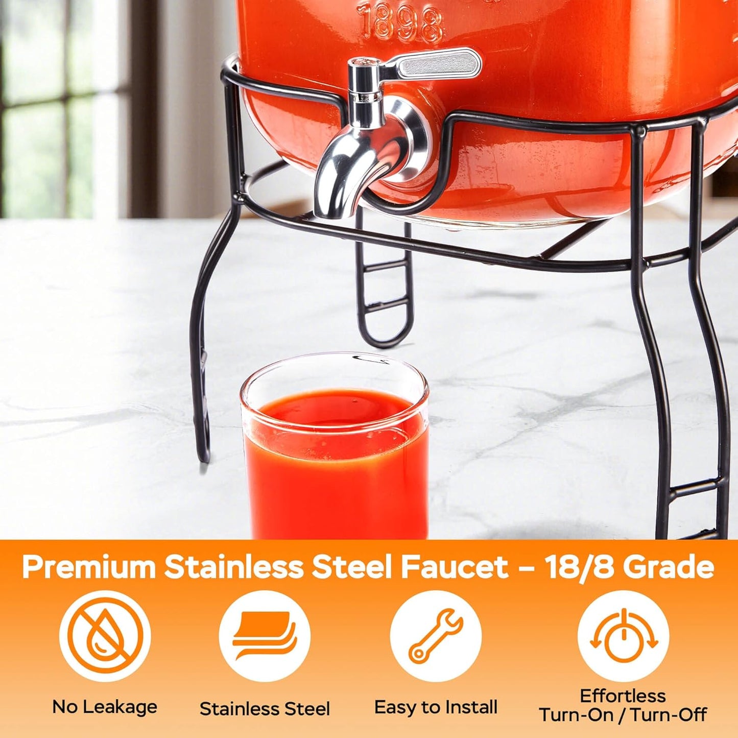 2 Gallon Glass Drink Dispenser for Parties, Beverage Dispenser with Stand, Lemonade Dispenser with 18/8 Stainless Steel Spigot, Leakproof for Sun Tea, Juice, Picnic, BBQ & Bars