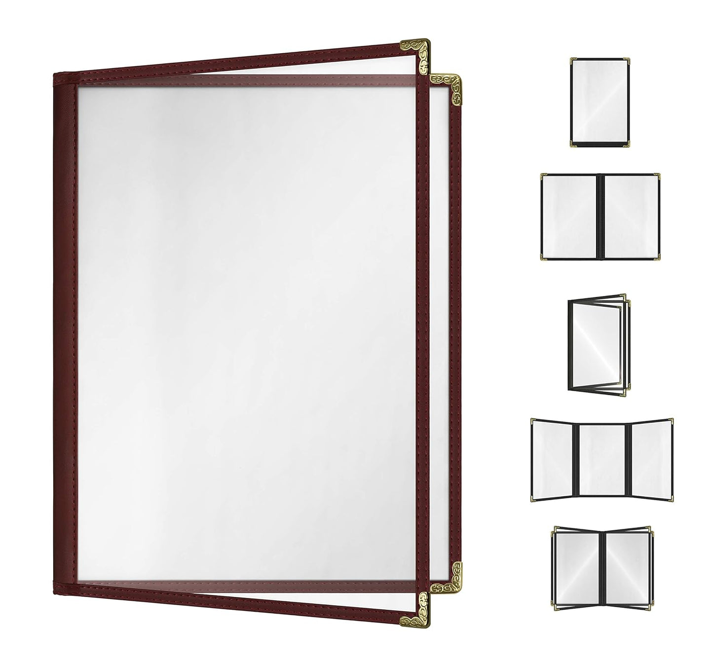 Goodsmart Restaurant Menu Covers - 25 Pack Burgundy 8.5" x 11", 2-Page/4-View, Side-Loading Vinyl Menu Holders, Clear Sleeves, Double-Stitched Edge, Leather-Style Café Menu Covers with Gold Corners