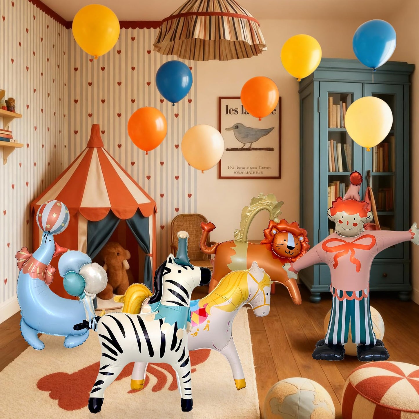 GELOUBO Circus Theme Party Balloons Set, 5PCS Large Standing animal Balloons – Clown, Lion, Sea