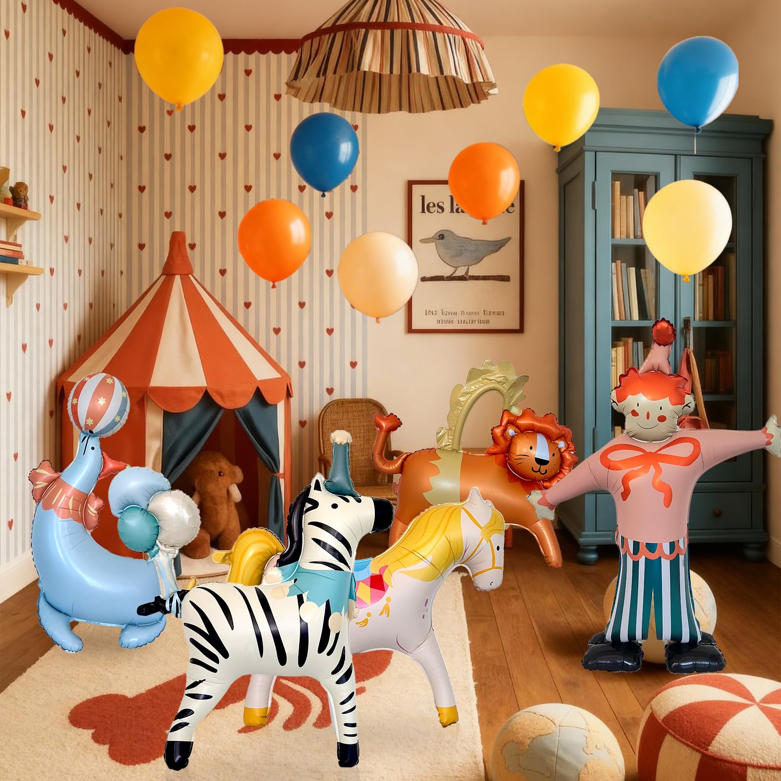 GELOUBO Circus Theme Party Balloons Set, 5PCS Large Standing animal Balloons – Clown, Lion, Sea