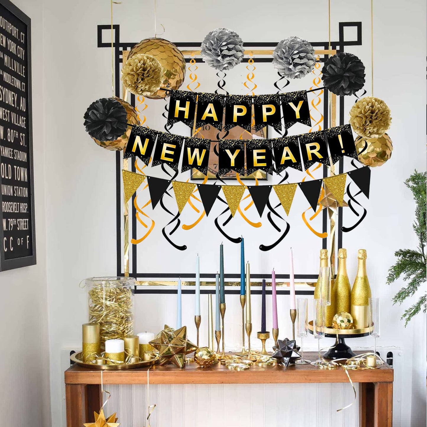 Happy New Year Set Black Banner with Gold Black Paper Flag Bunting Swirl Streamers & Pom Poms for