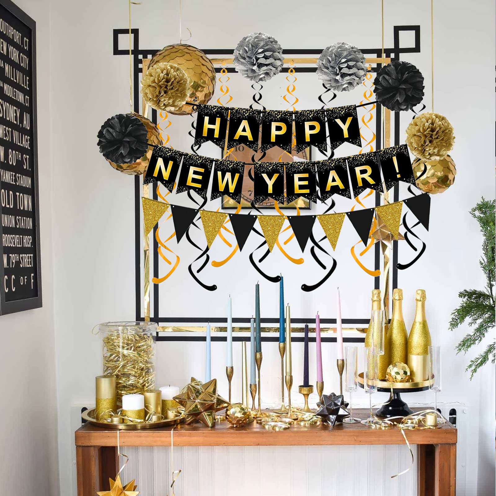 Happy New Year Set Black Banner with Gold Black Paper Flag Bunting Swirl Streamers & Pom Poms for