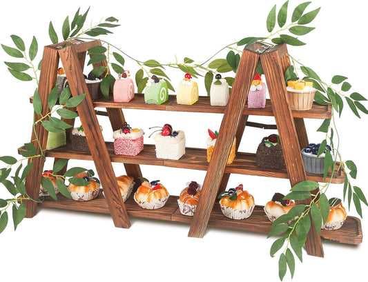 Wooden 3-Tier Cupcake Stand with Removable Trays & Vine Decoration – Foldable Party Display Serving Ladder with Platter for Cake, Snacks, Fruits, Chips, Bread