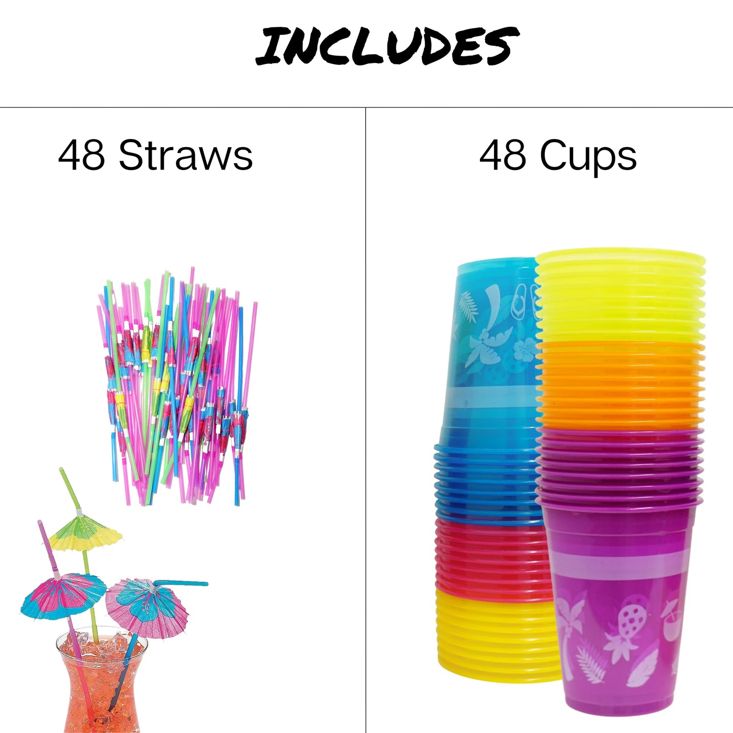 4E's Novelty 48 Packs Tropical Party Cups with Parasol Straws - Disposable Plastic Cups 16oz BPA