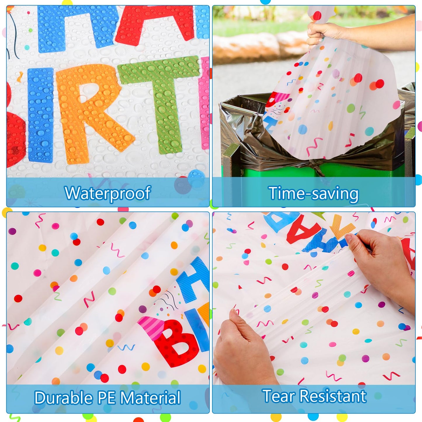 3 Pack Plastic Birthday Tablecloth, Disposable PE Happy Birthday Tablecloth