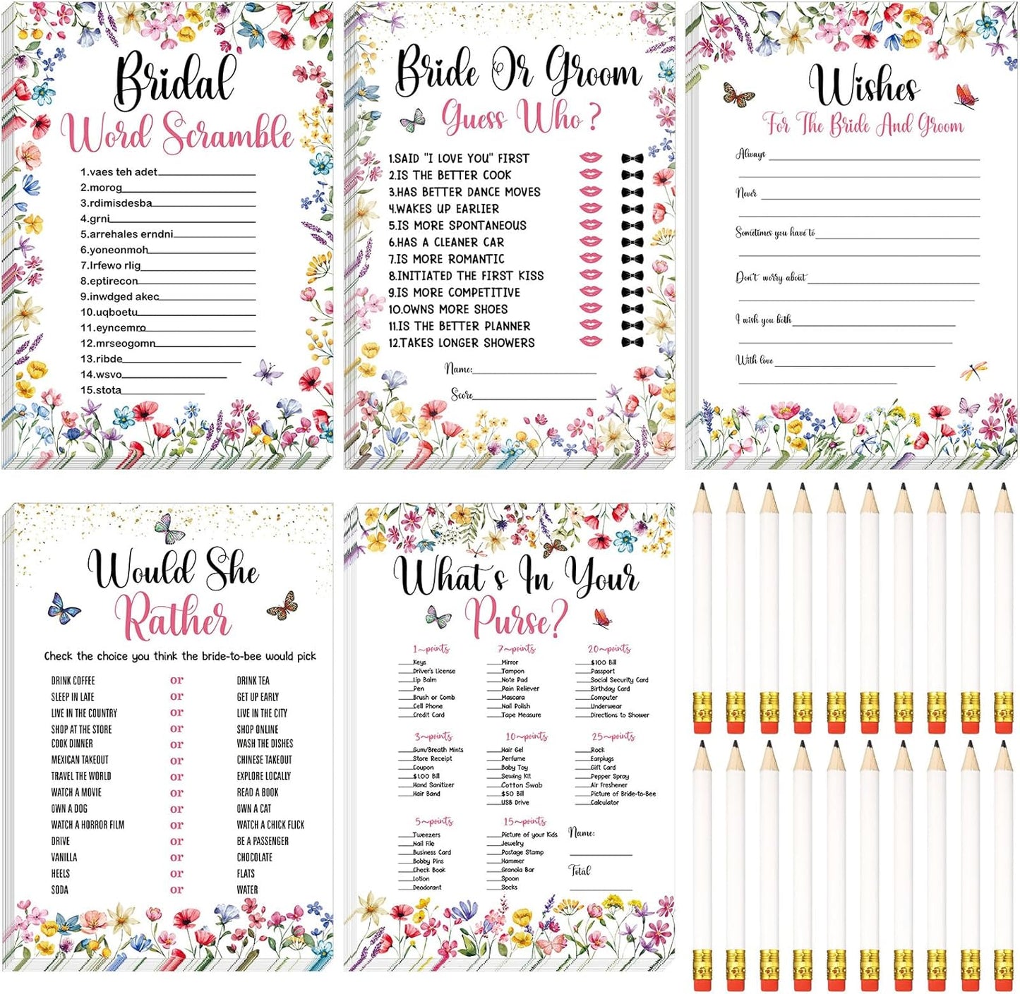 Teling 145 Pieces Bridal Shower Game Bridal Shower Favors Set Wedding Games Cards and Pencils for Bride Groom Bachelorette Party Wedding Party Favor(Wildflower Floral)