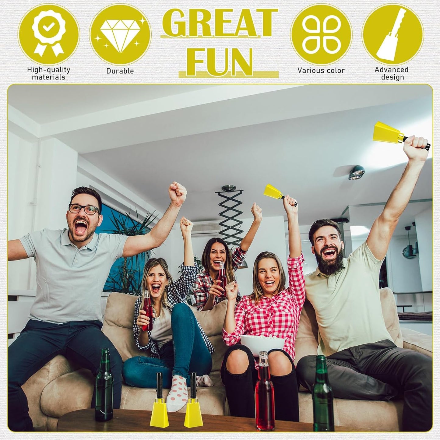 Pelopy 12 Pcs Large Cow Bell 9 '' Cowbell with Handle Cowbells for Sporting Events Hand Percussion Cheering Bell Chimes for Football Game, Alarm Loud Noise Makers, Musical Instrument(Yellow)