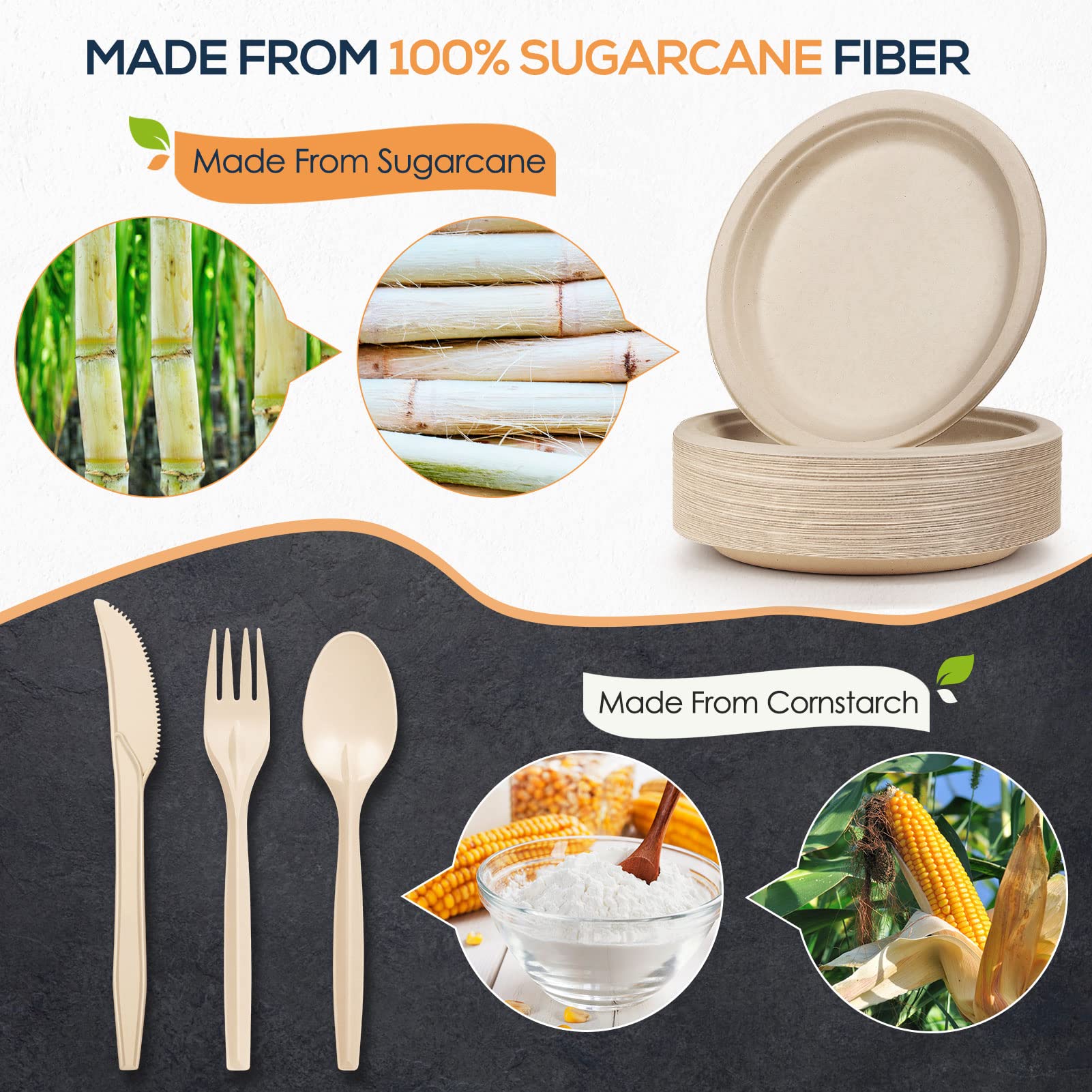 Gezond 250Pcs Disposable Paper Plates Set, Compostable Plate Sugarcane Utensils Eco Friendly