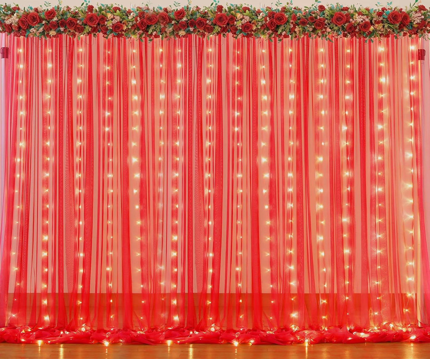 Suppromo Red Tulle Backdrop Curtain with Lights String for Parites 30x10ft Sheer Backdrop Curtains for Birthday Party Baby Shower Christmas Wall Photo Booth Background Decorations(6 Panels 5ft×10ft)