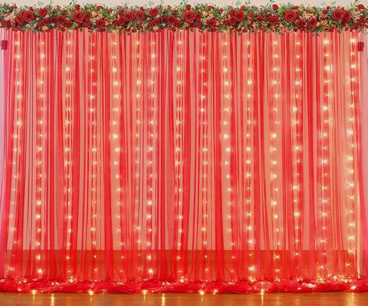 Suppromo Red Tulle Backdrop Curtain with Lights String for Parites 30x10ft Sheer Backdrop Curtains for Birthday Party Baby Shower Christmas Wall Photo Booth Background Decorations(6 Panels 5ft×10ft)