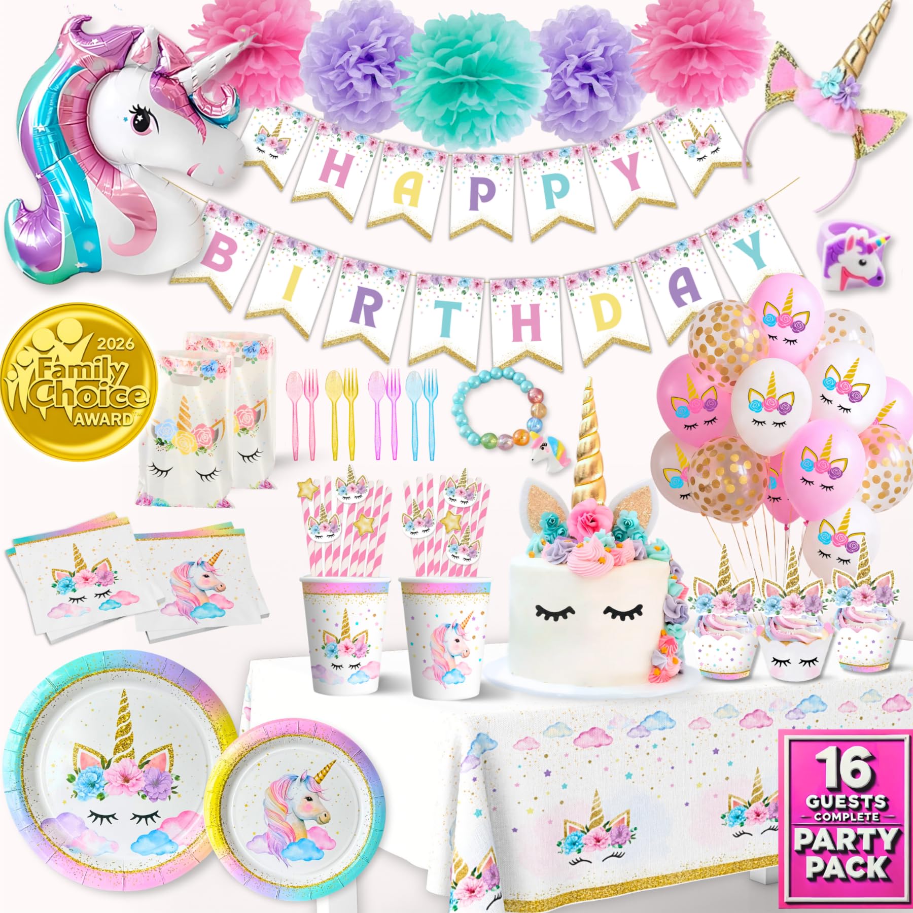 152 Pc Unicorn Birthday Decorations for Girls, Complete Party Supplies Kit