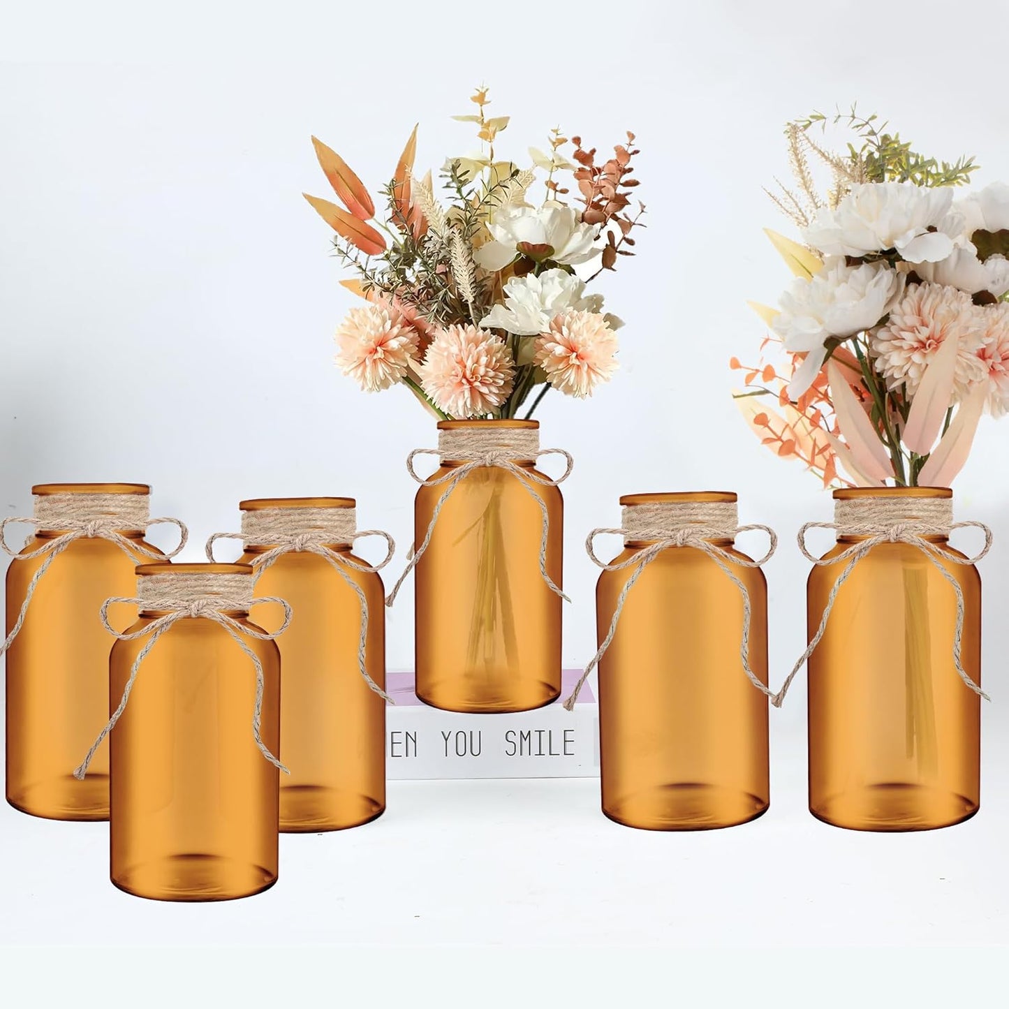 Vintage Glass Flower Vase，6 Pack Farmhouse Amber Gold Glass Centerpiece Vases Mason Jars for Christmas Weddings, Parties & Home Decor Bulk (6, Amber)