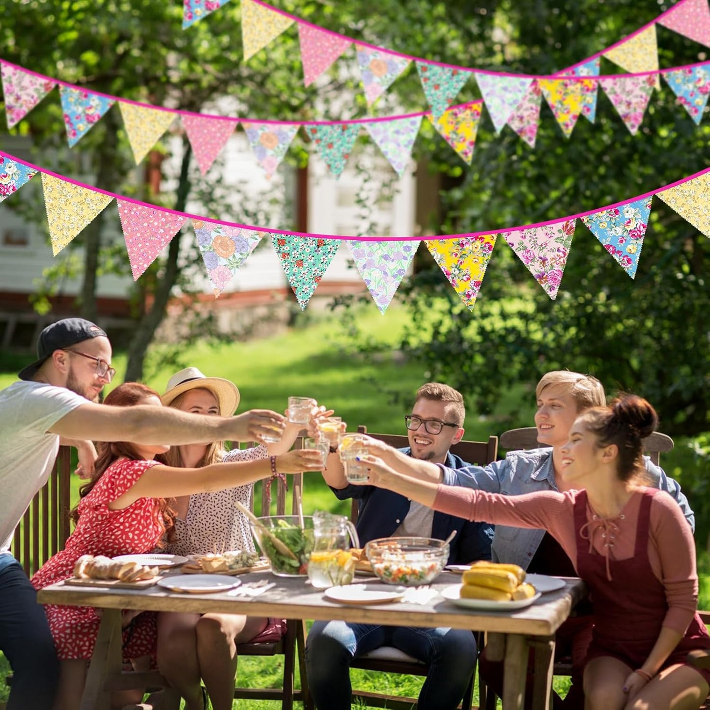 jijAcraft 39Ft Triangle Bunting Banner, 42Pcs Tea Floral Party Bunting Cotton Fabric Flags Pennant Garlands for Birthday Party, Wedding, Baby Shower, Outdoor and Home Decorations (Yellow)